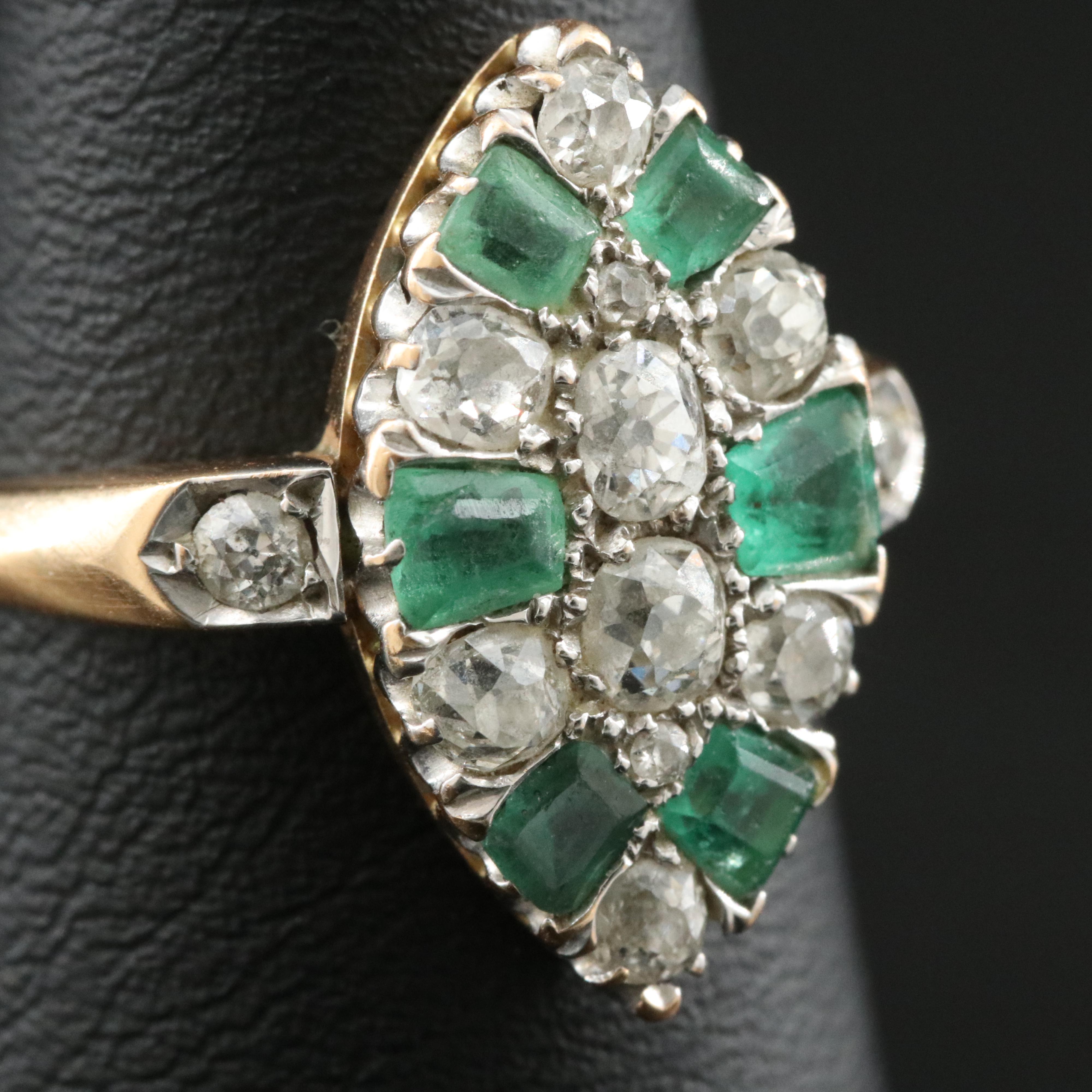 Antique 18K Emerald and 1.08 CTW Old Cut Diamond Navette Ring