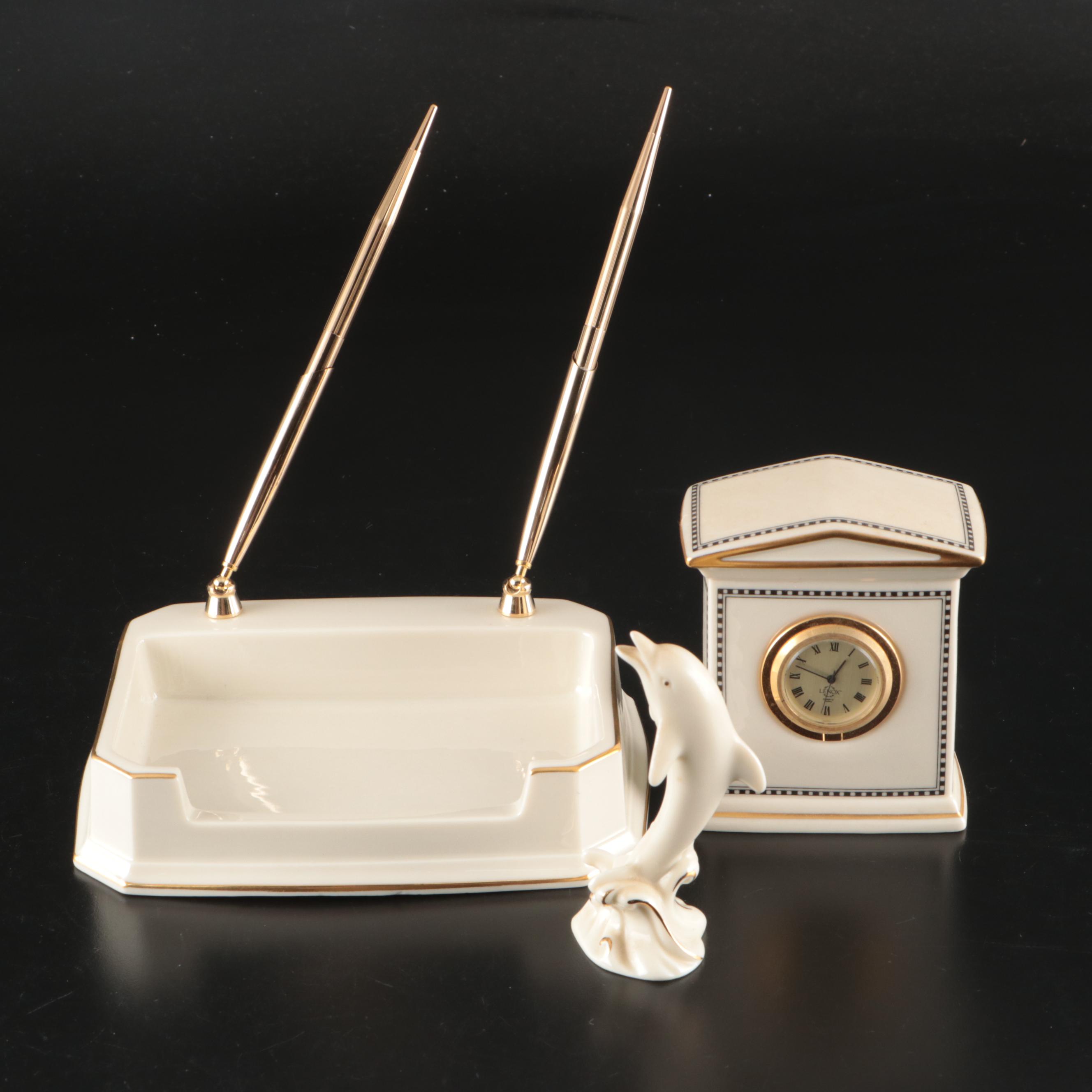 Lenox Porcelain Executive Pen Tray with Desk Clock and Dolphin