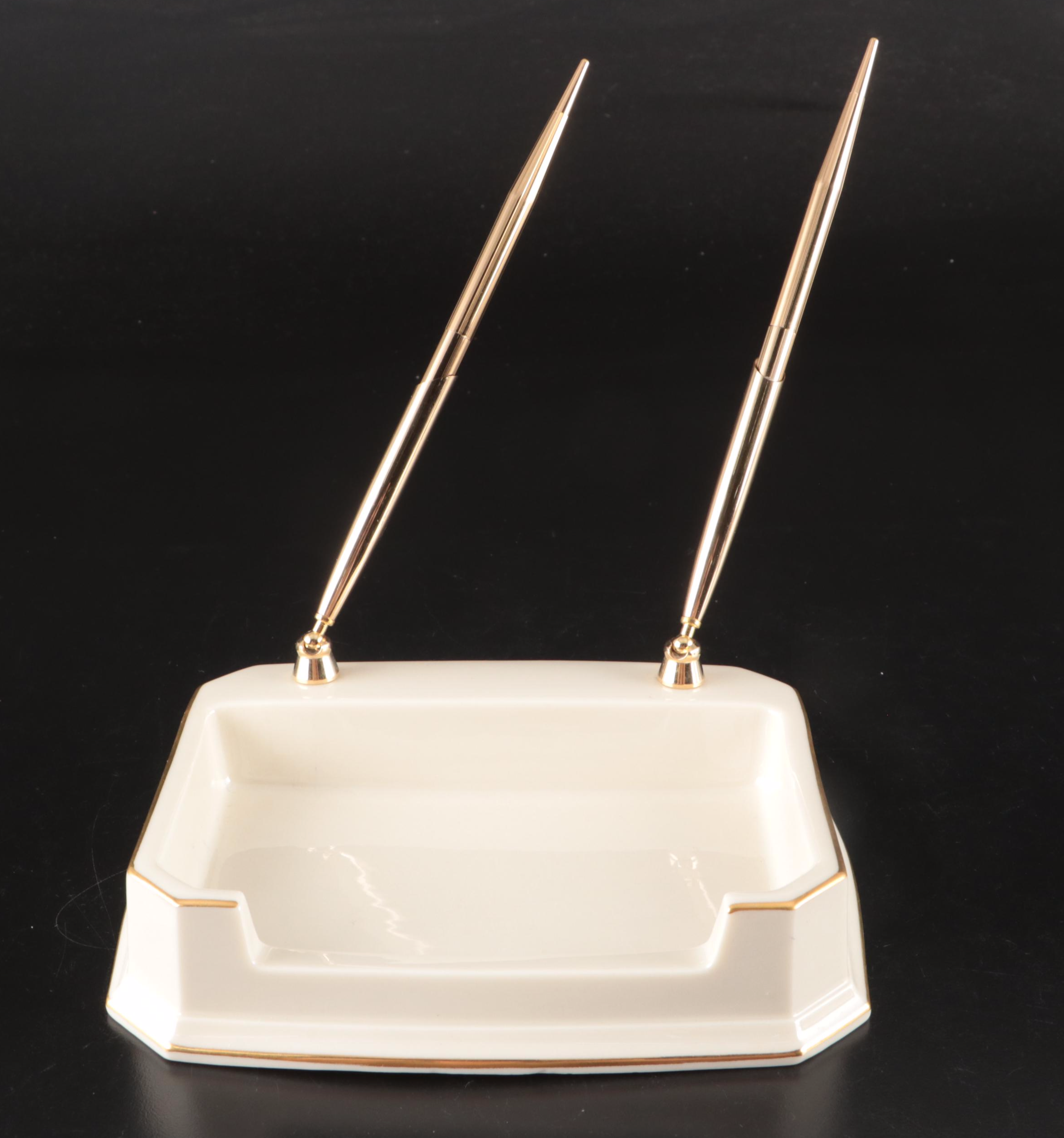 Lenox Porcelain Executive Pen Tray with Desk Clock and Dolphin