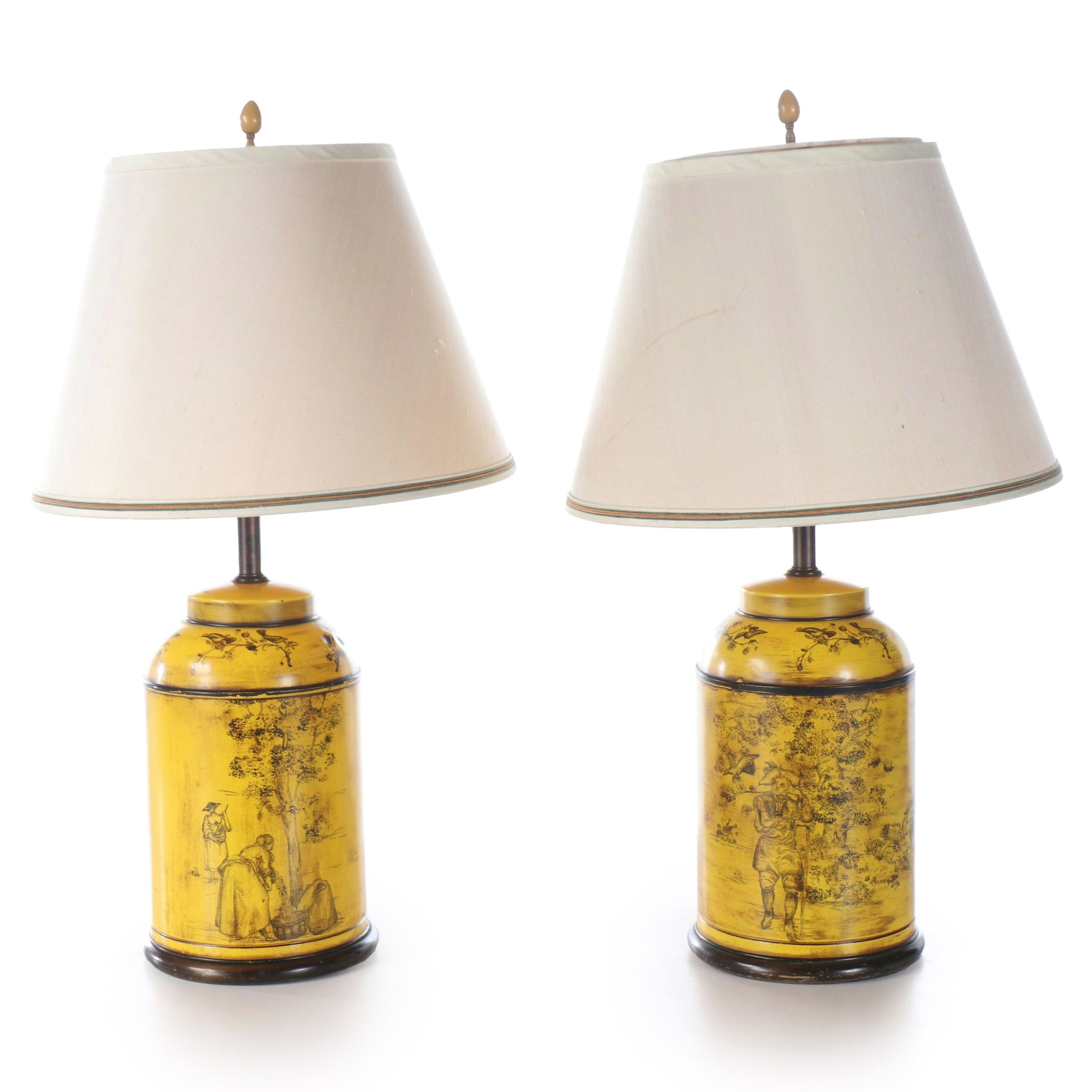 Pair of Frederick Cooper Yellow Tin Canister Table Lamps, Shades and Diffusers