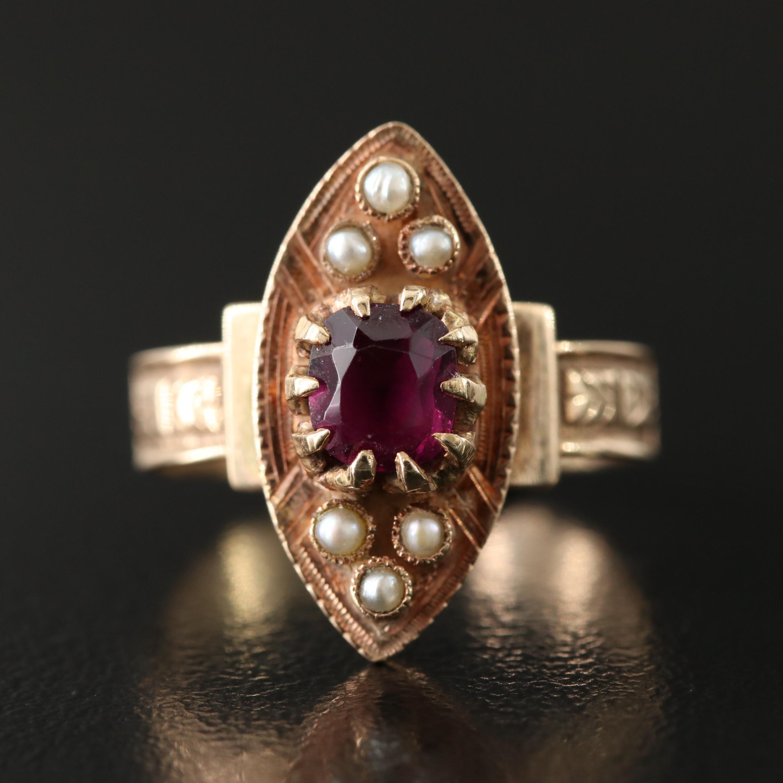 Victorian 10K Garnet and Pearl Navette Ring