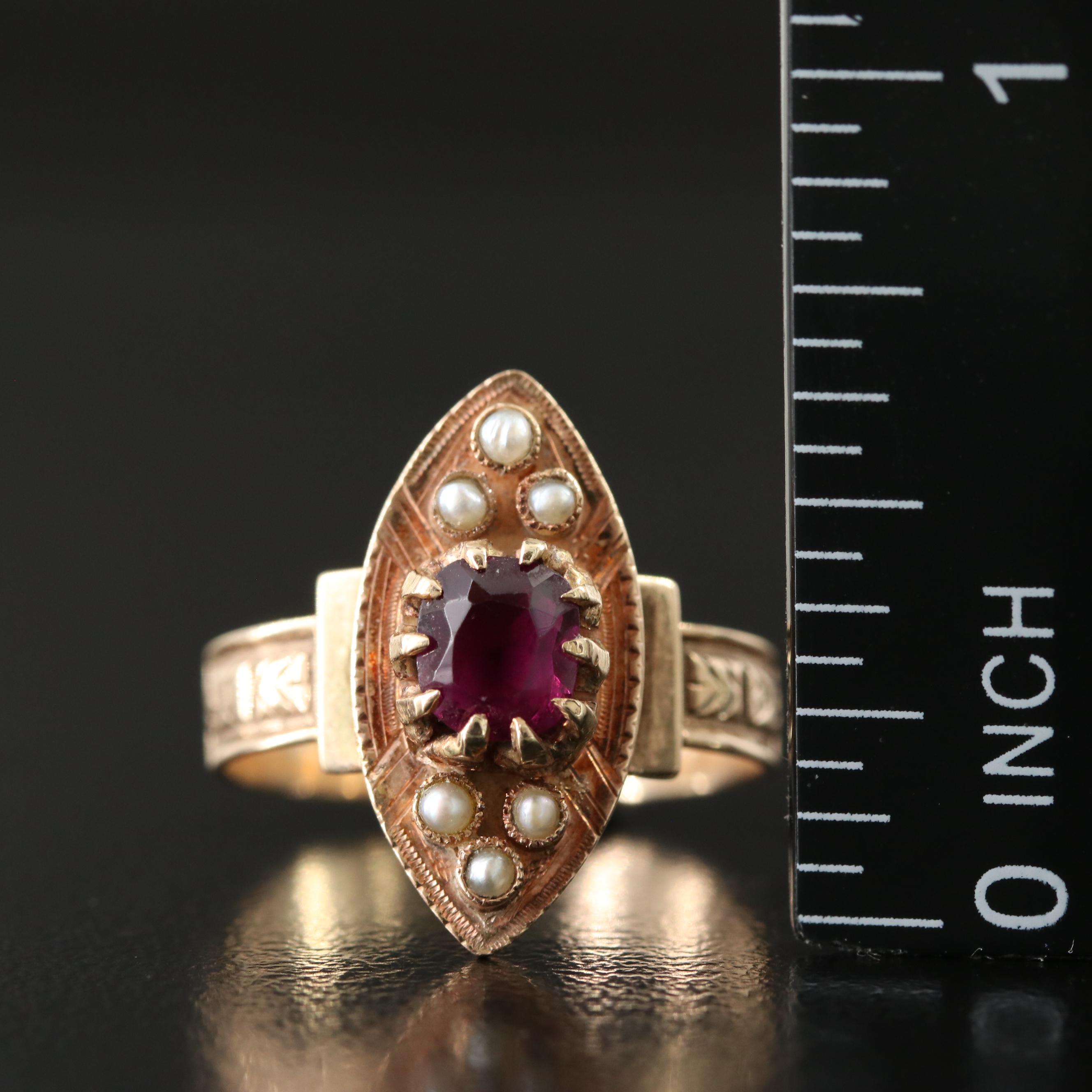 Victorian 10K Garnet and Pearl Navette Ring