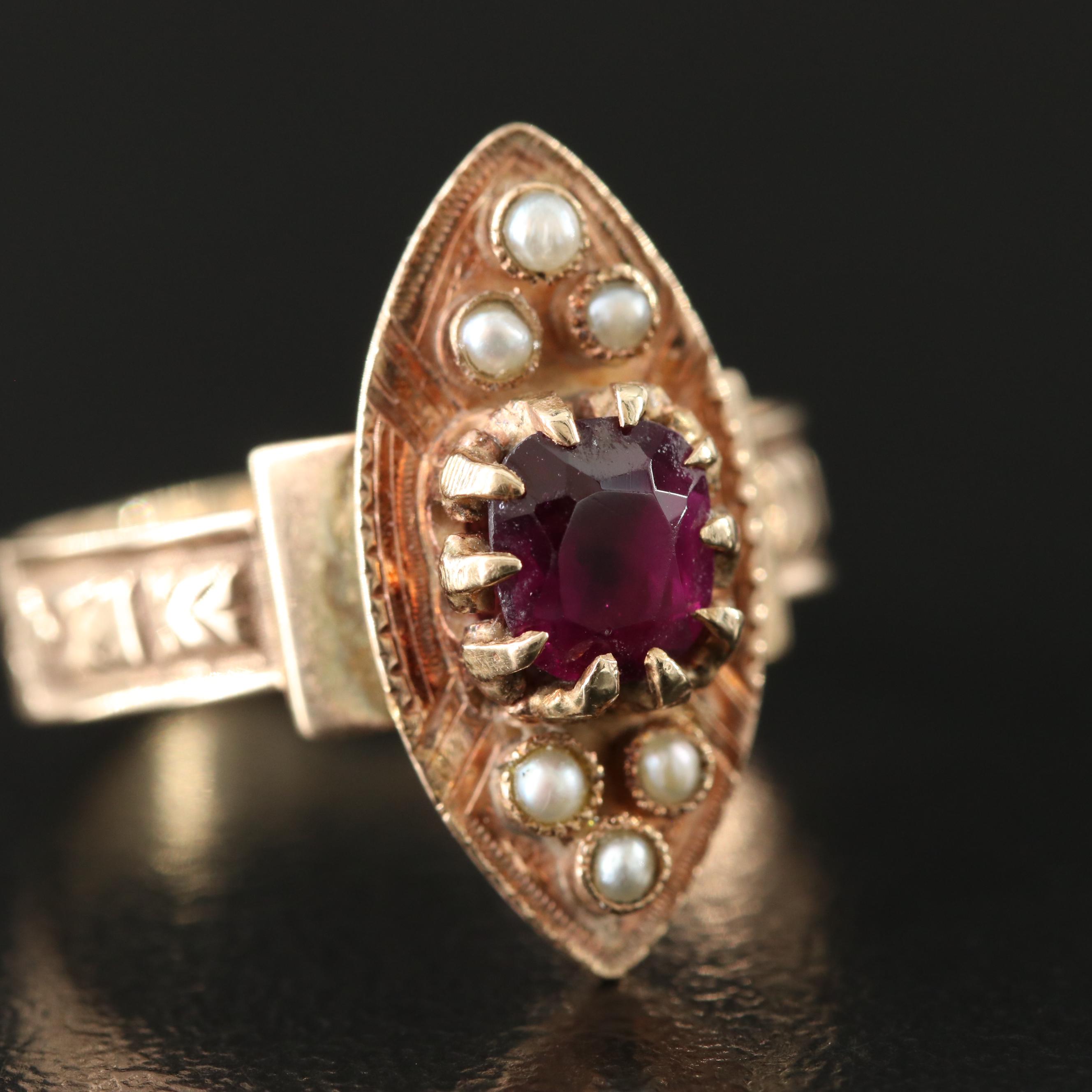 Victorian 10K Garnet and Pearl Navette Ring