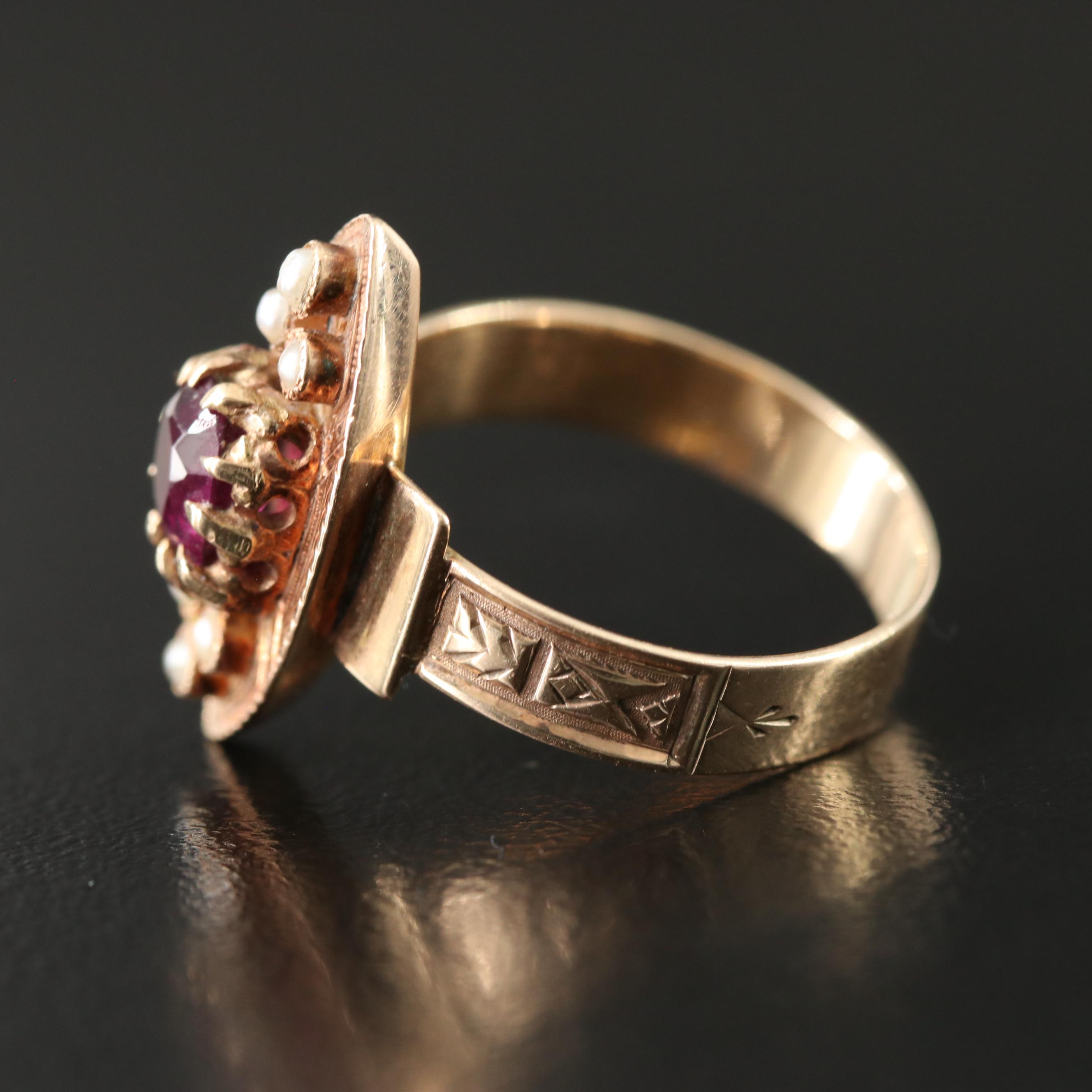 Victorian 10K Garnet and Pearl Navette Ring