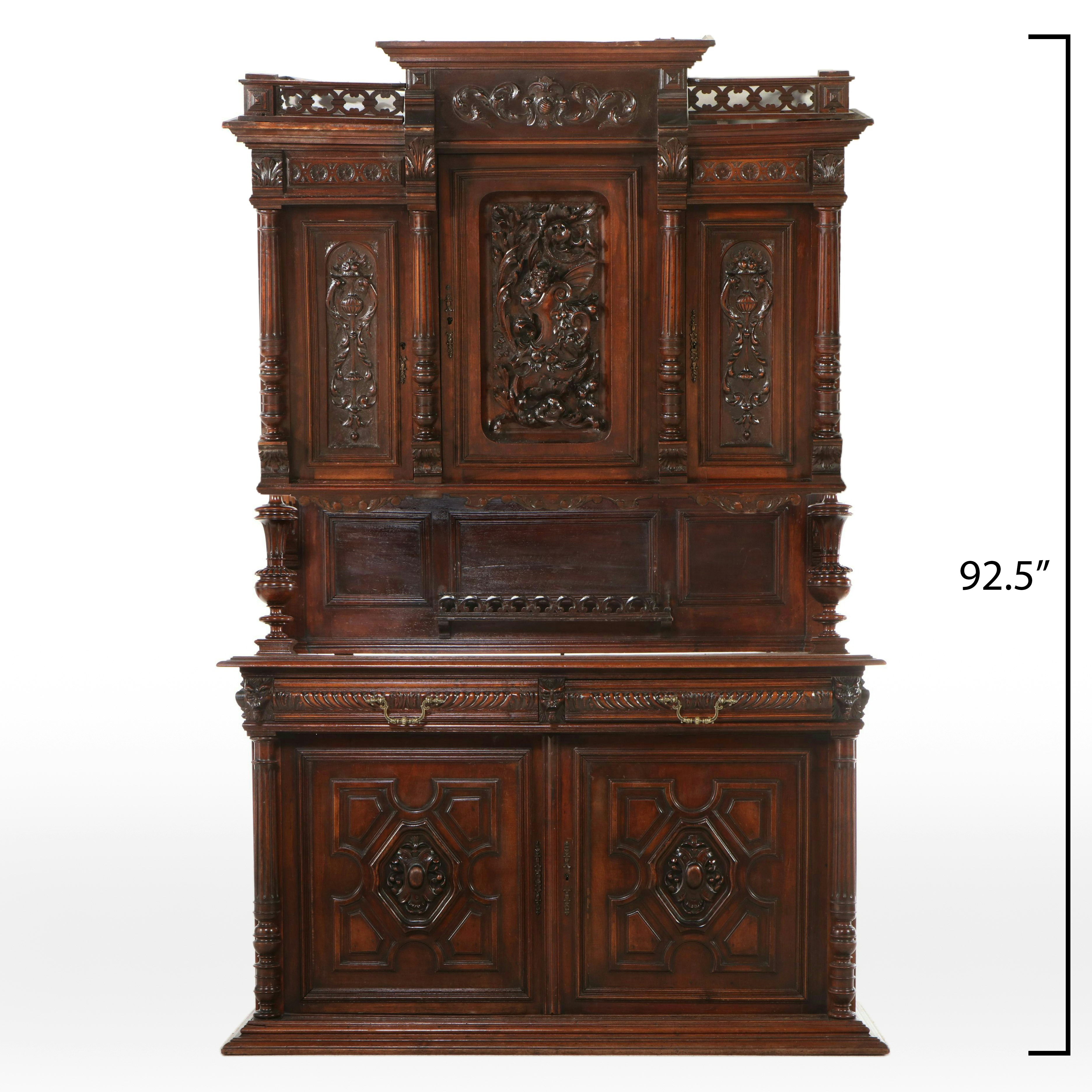 Renaissance Style Carved Mahogany Sideboard with Hutch, 19th Century