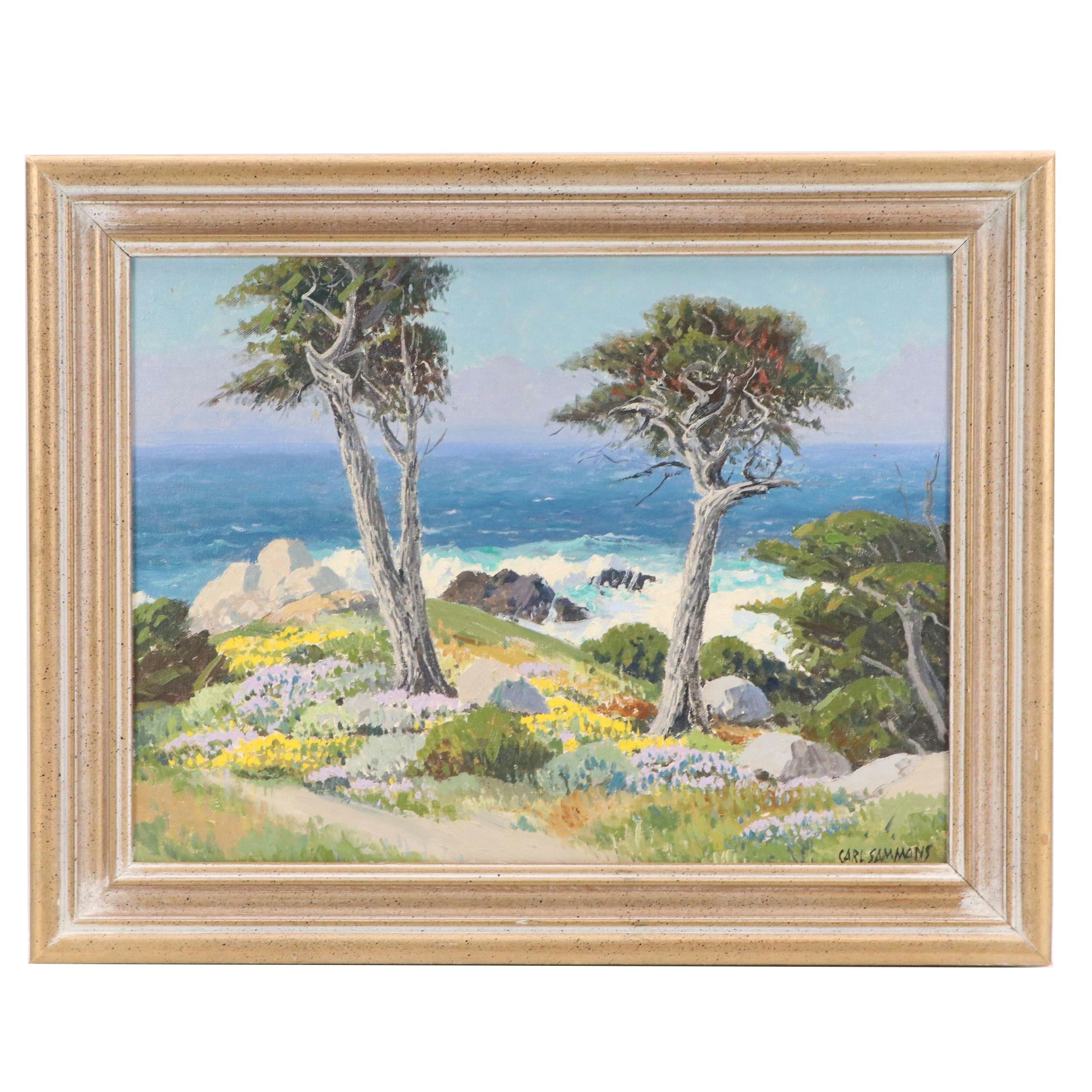 Carl Sammons Oil Landscape Painting of a Rocky California Coast, Mid-20th C.