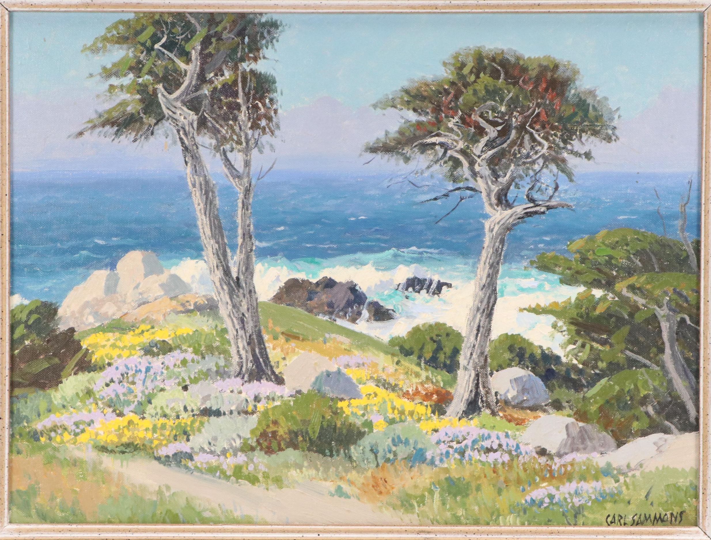 Carl Sammons Oil Landscape Painting of a Rocky California Coast, Mid-20th C.