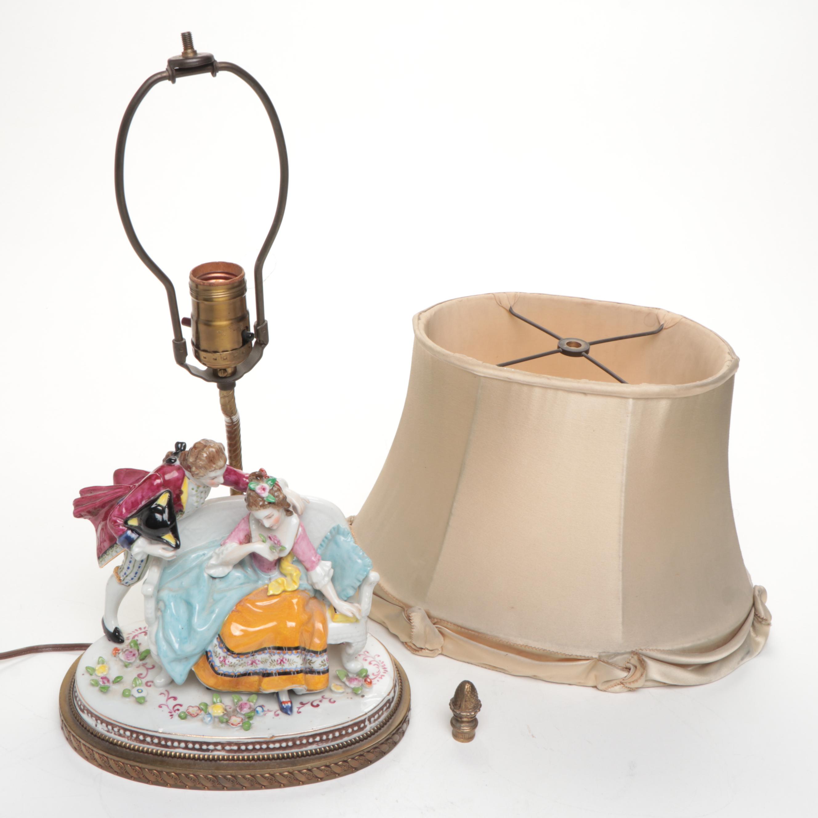 Porcelain Romantic Scene Dresden Style Table Lamp with Silk Shade