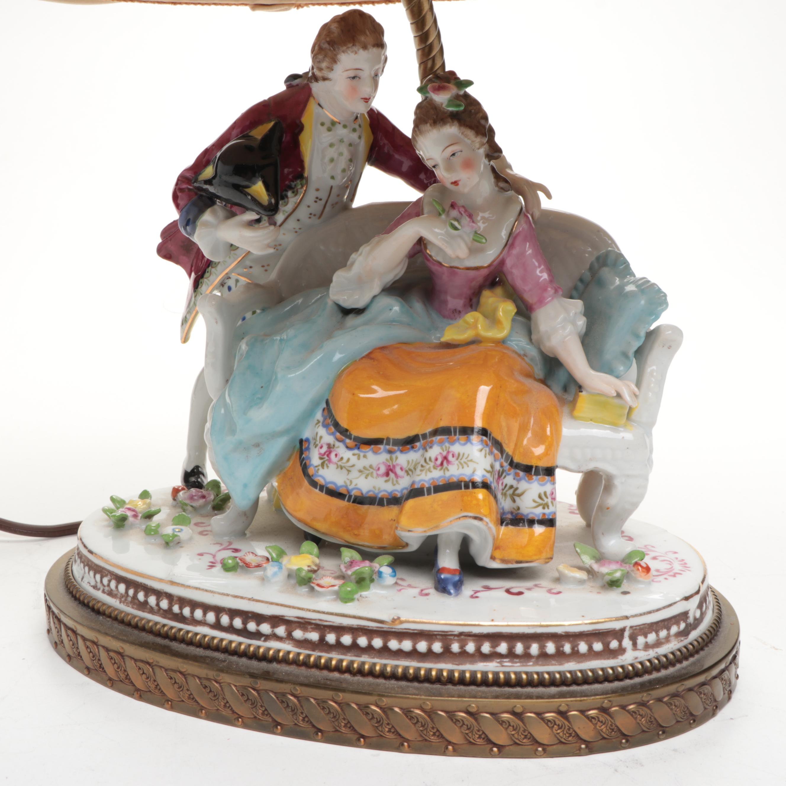 Porcelain Romantic Scene Dresden Style Table Lamp with Silk Shade