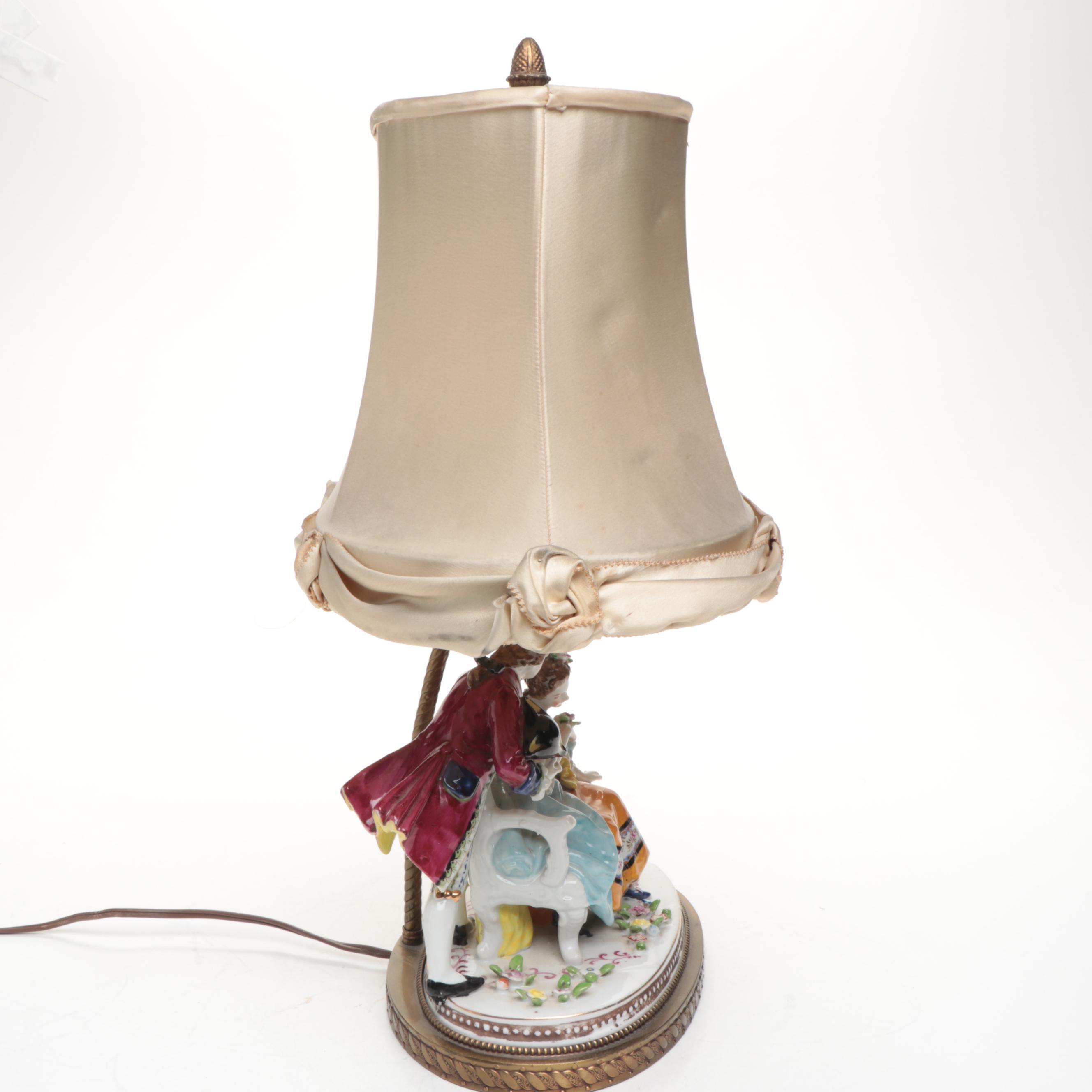 Porcelain Romantic Scene Dresden Style Table Lamp with Silk Shade