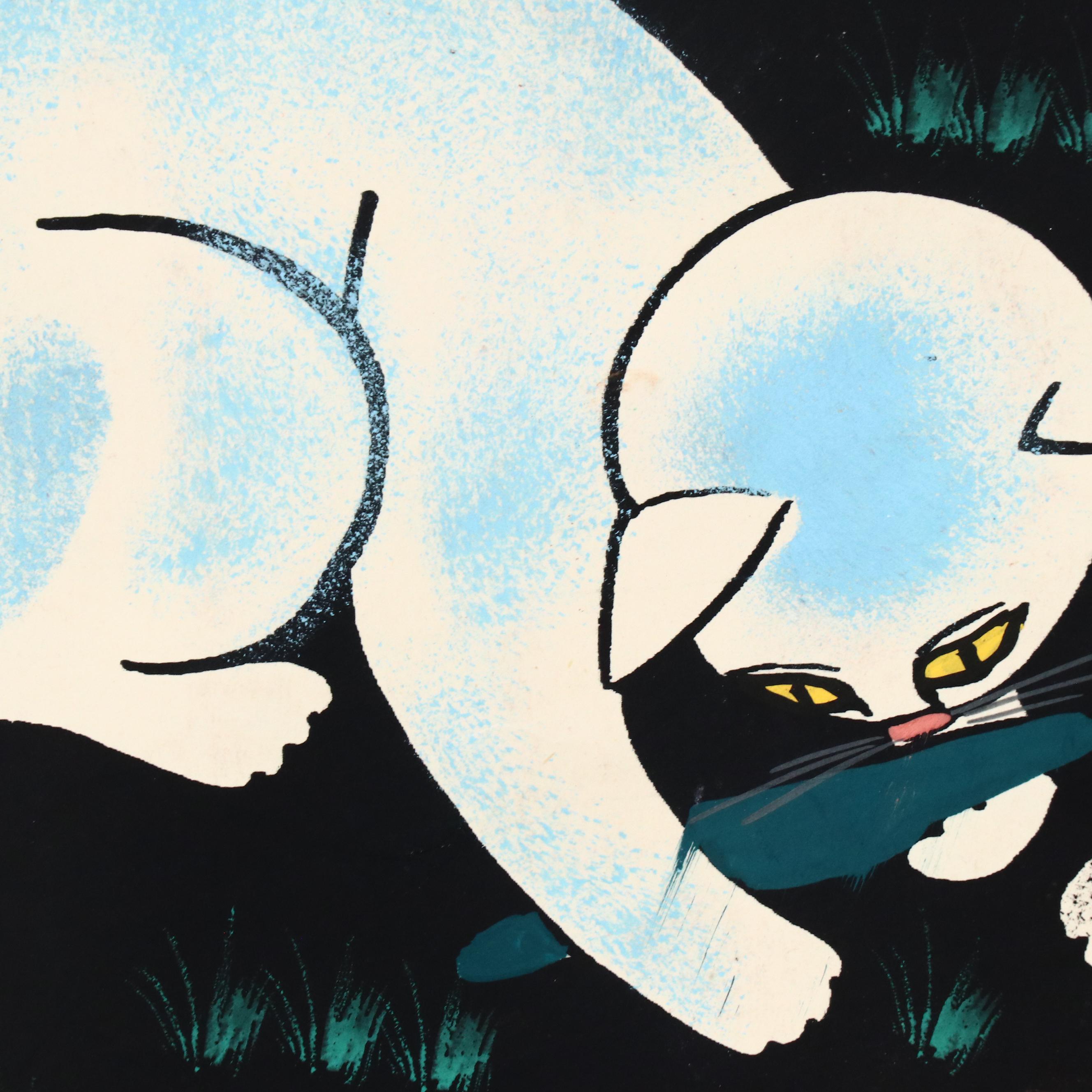 Pan Xiao Ling Attributed Chinese Folk Art Goauche Painting of Cats and Kittens