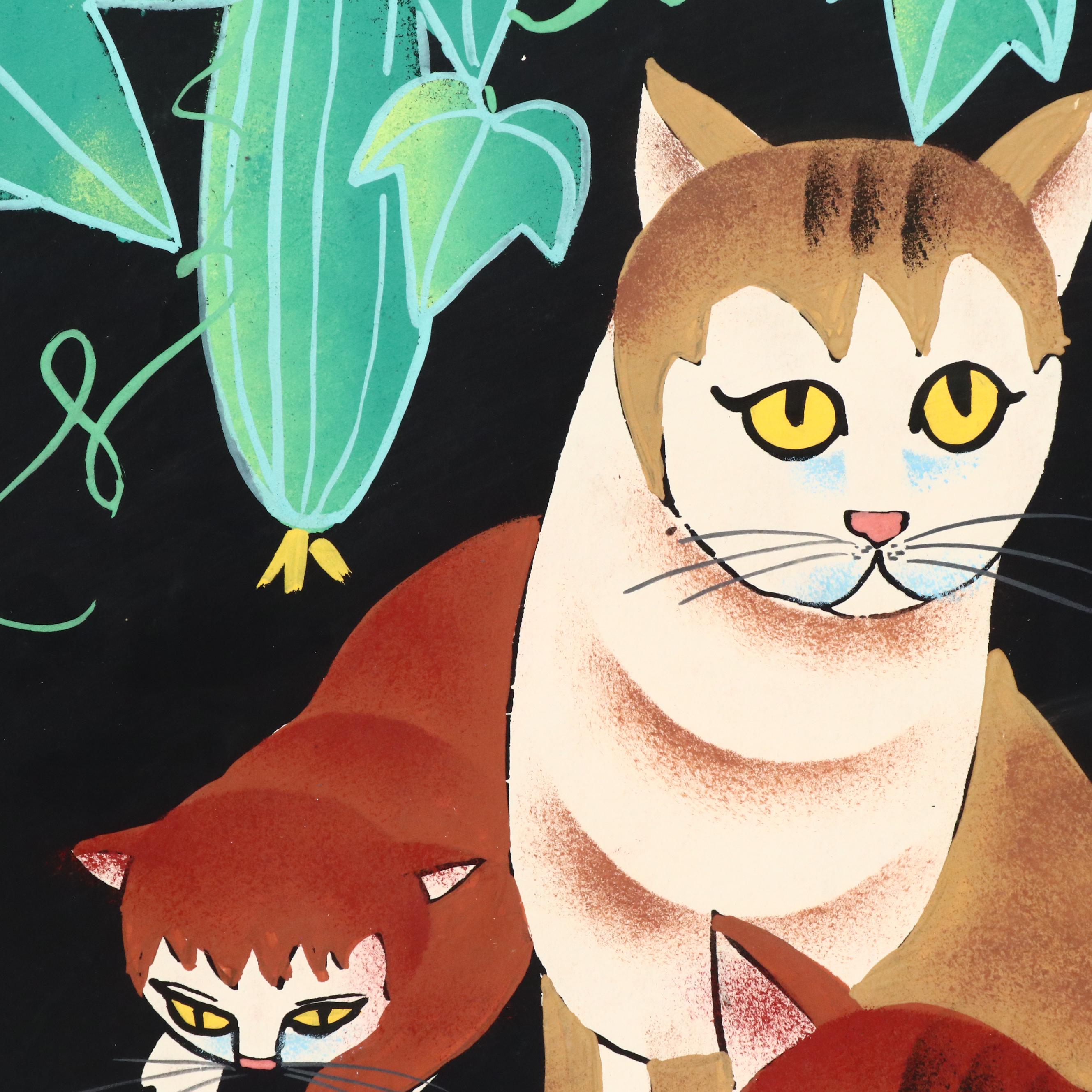 Pan Xiao Ling Attributed Chinese Folk Art Goauche Painting of Cats and Kittens