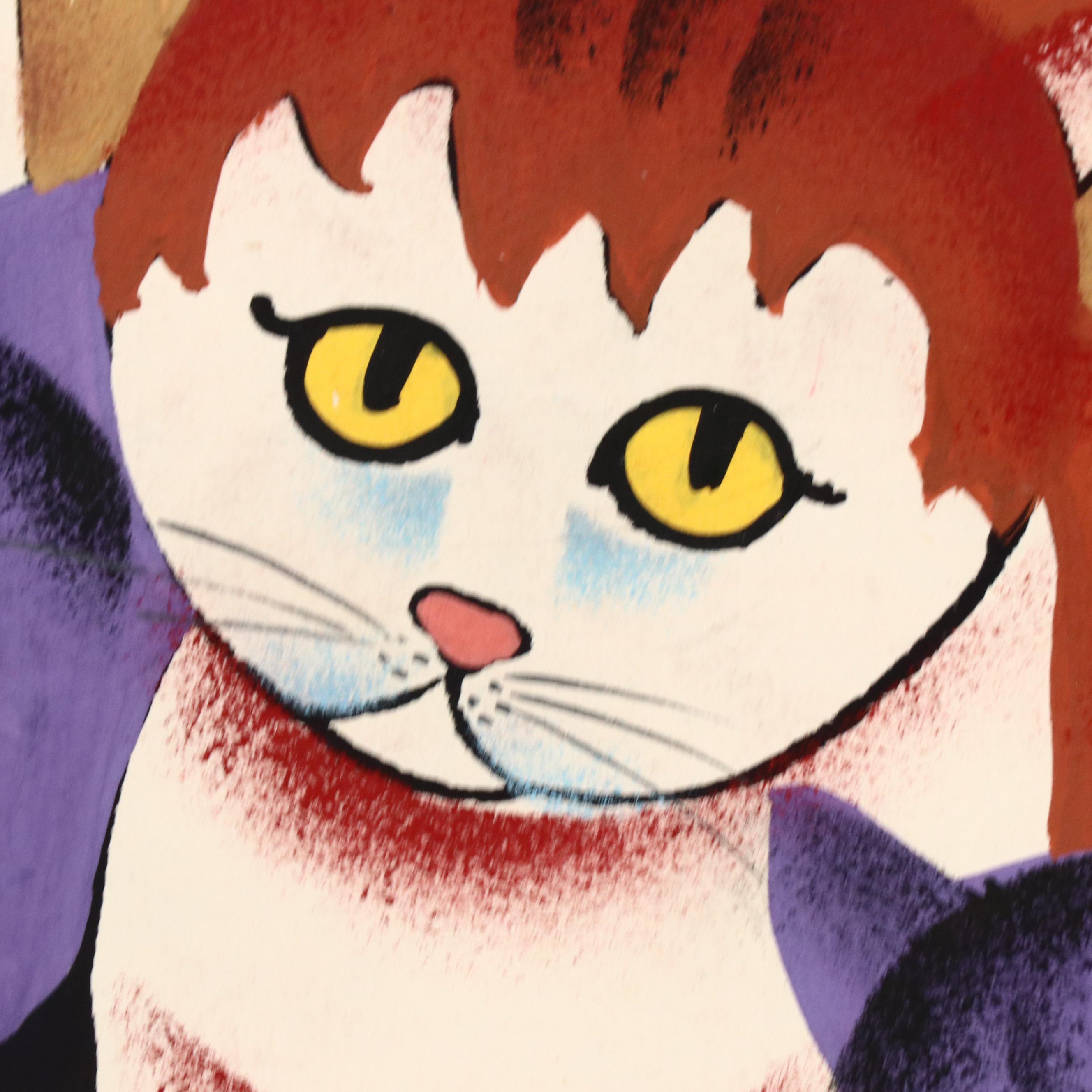 Pan Xiao Ling Attributed Chinese Folk Art Goauche Painting of Cats and Kittens