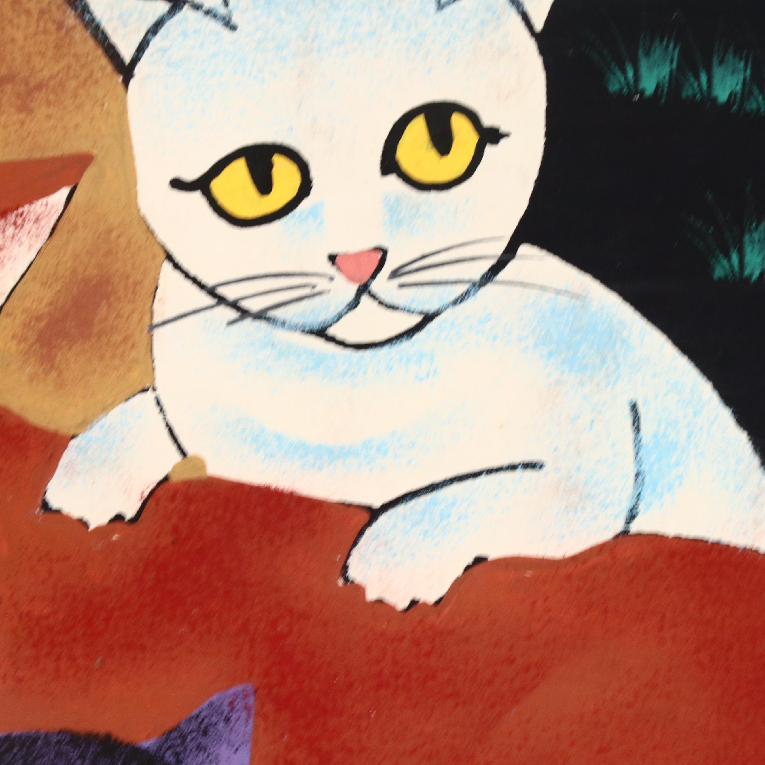 Pan Xiao Ling Attributed Chinese Folk Art Goauche Painting of Cats and Kittens