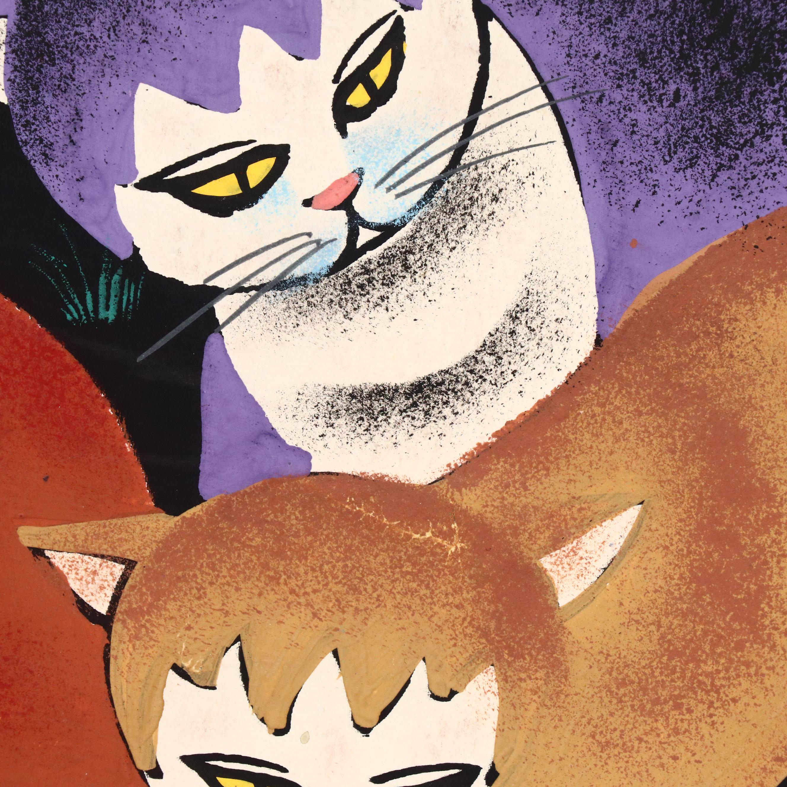 Pan Xiao Ling Attributed Chinese Folk Art Goauche Painting of Cats and Kittens