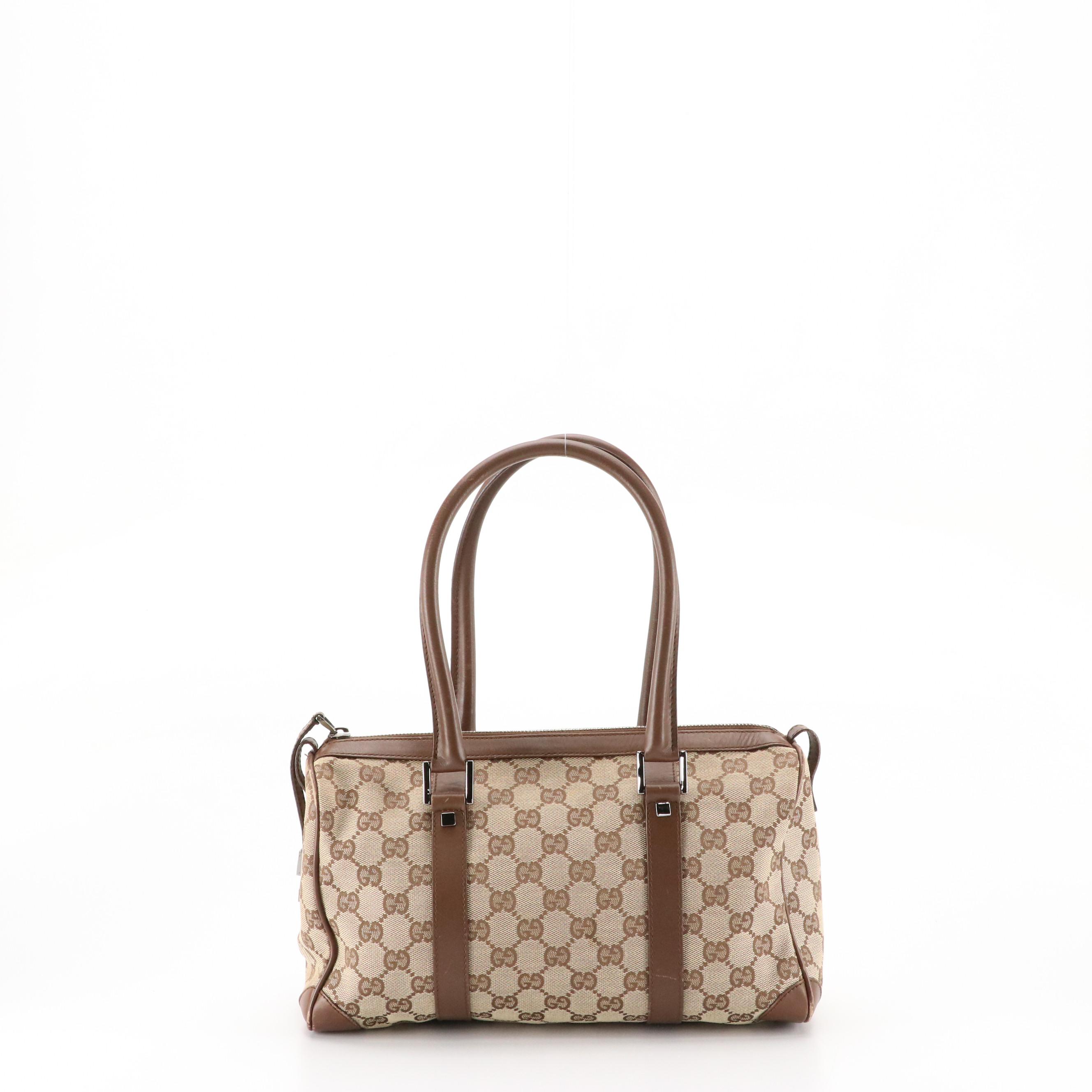Gucci Mini Boston Bag in GG Canvas and Brown Leather Trim