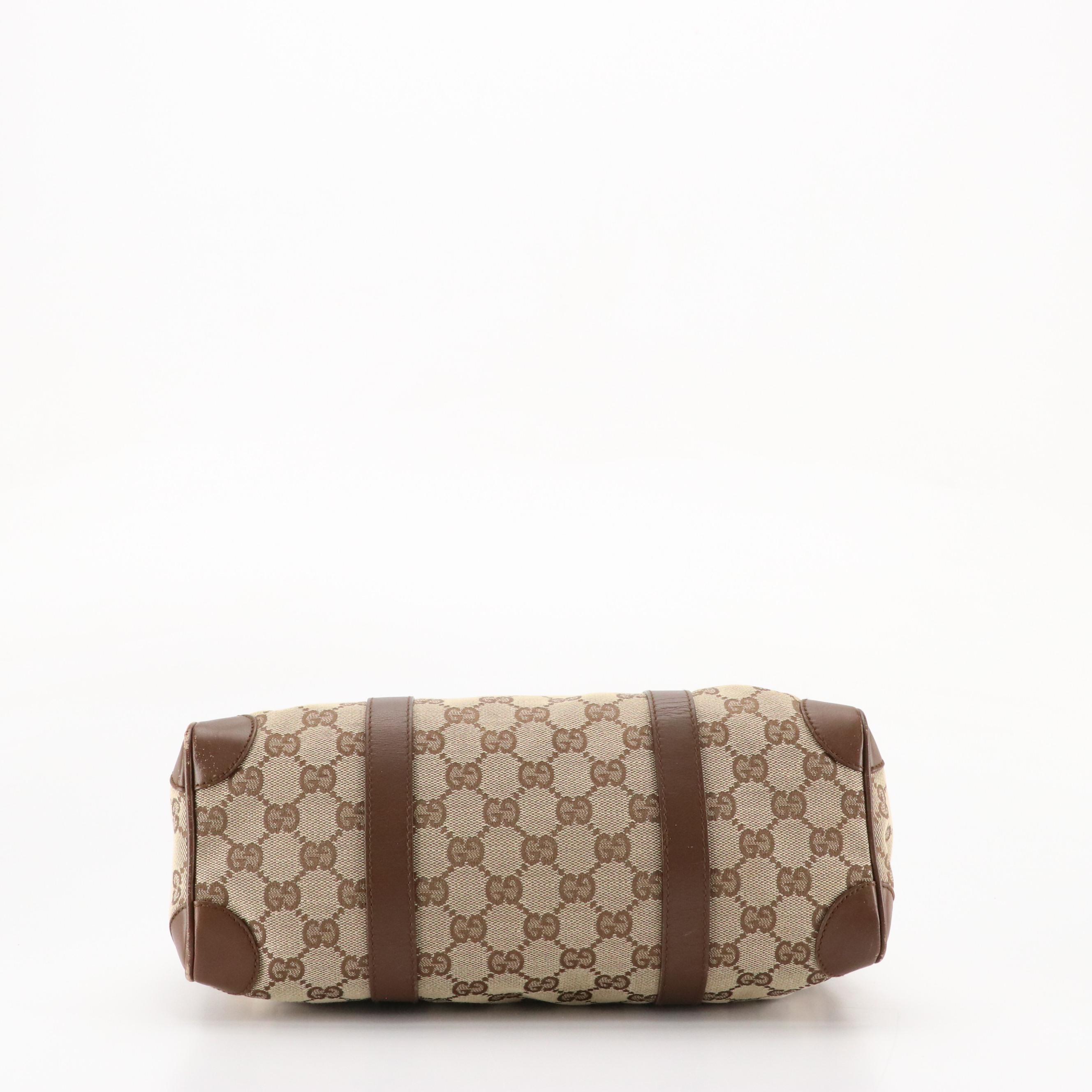 Gucci Mini Boston Bag in GG Canvas and Brown Leather Trim