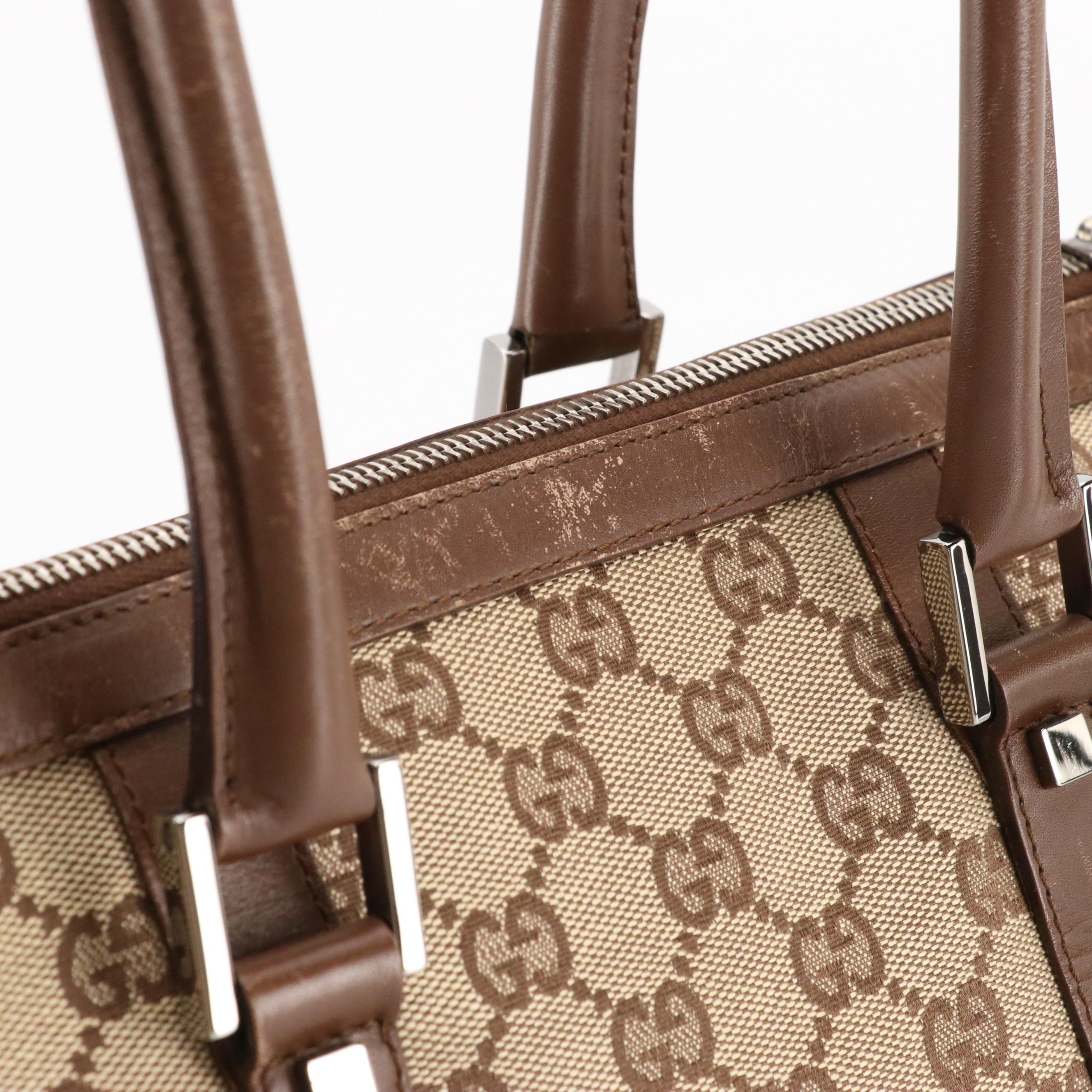 Gucci Mini Boston Bag in GG Canvas and Brown Leather Trim