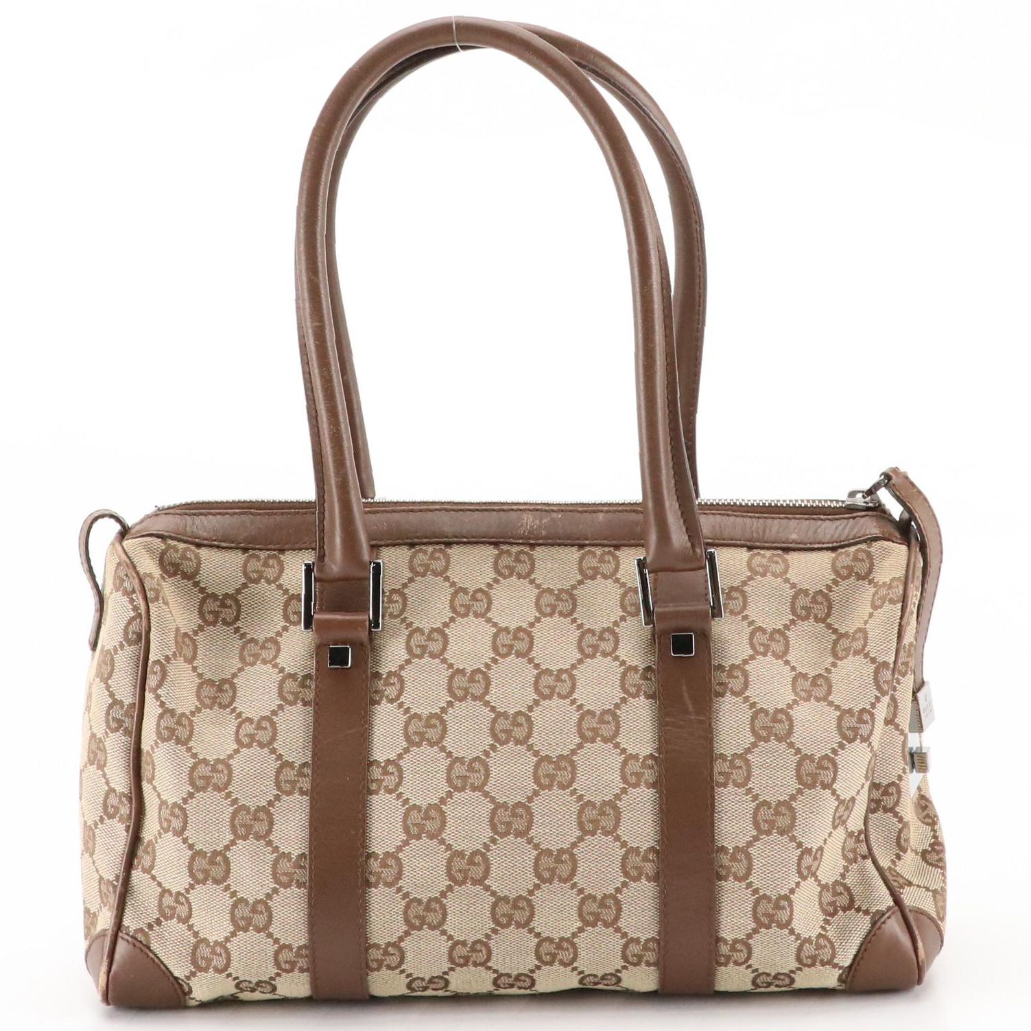Gucci Mini Boston Bag in GG Canvas and Brown Leather Trim