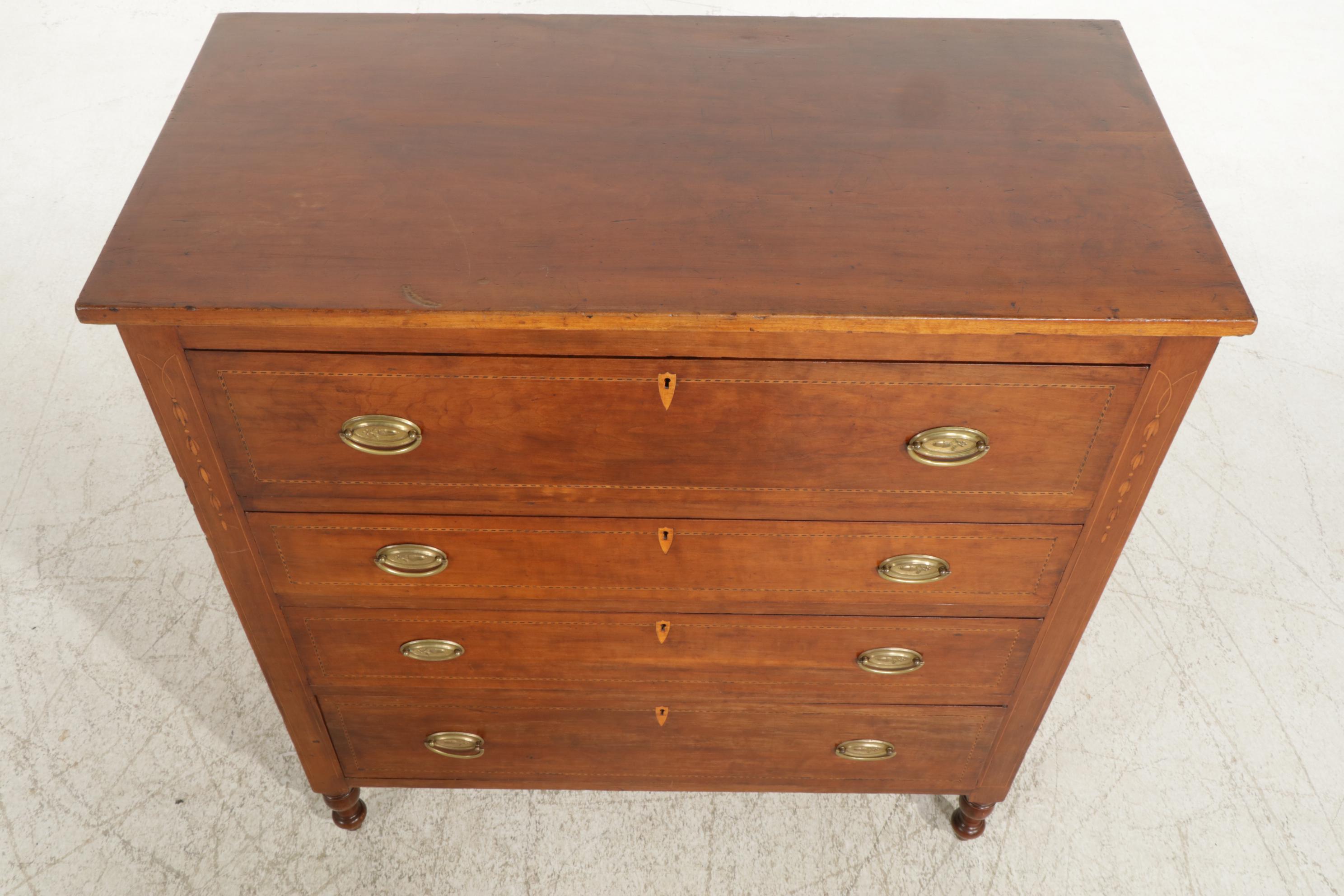 Sheraton Style Cherry Chest of Drawers with Inlay Mahogany, Early to Mid 19th C.