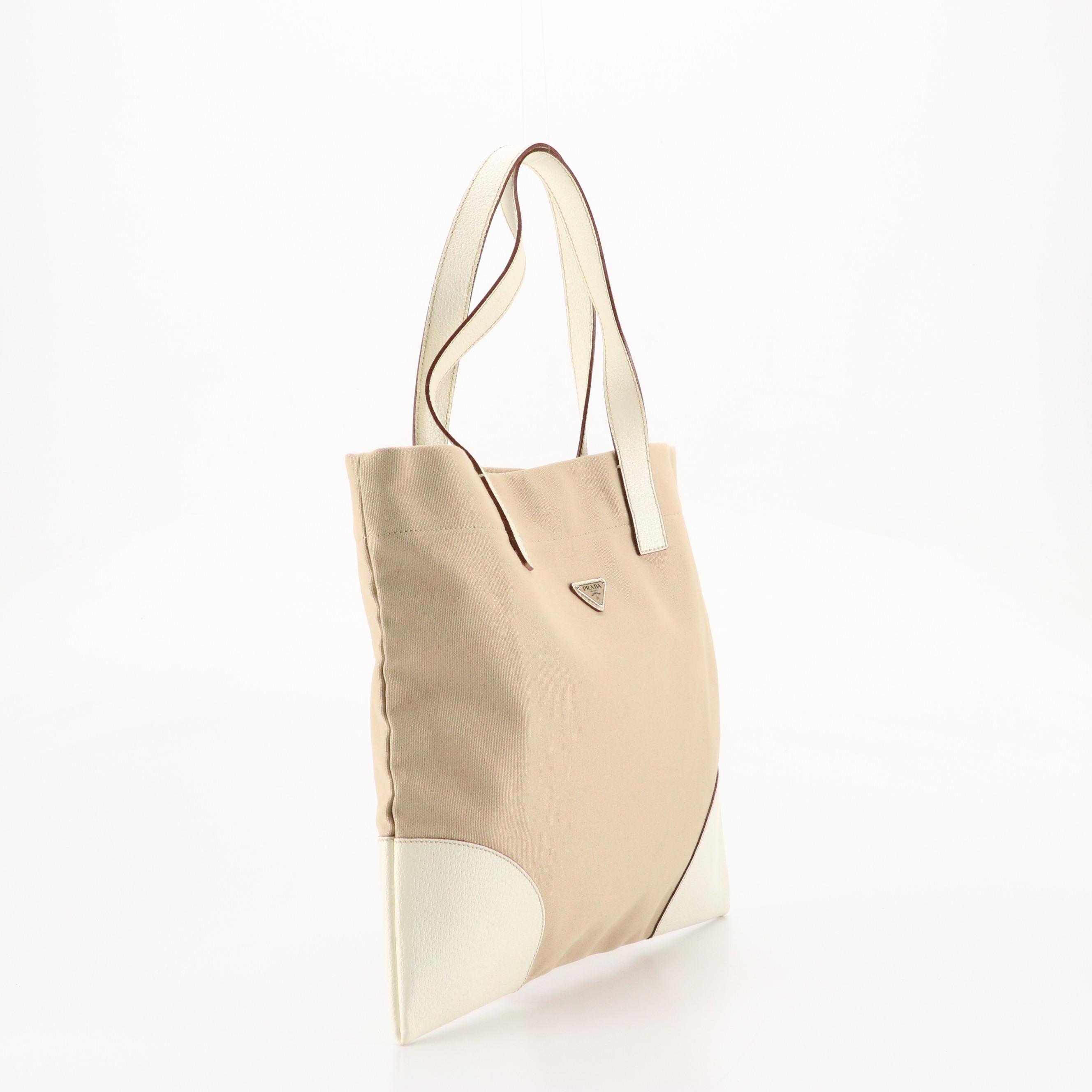 Prada Shopper Tote in Beige Canapa Canvas and White Cinghiale Leather
