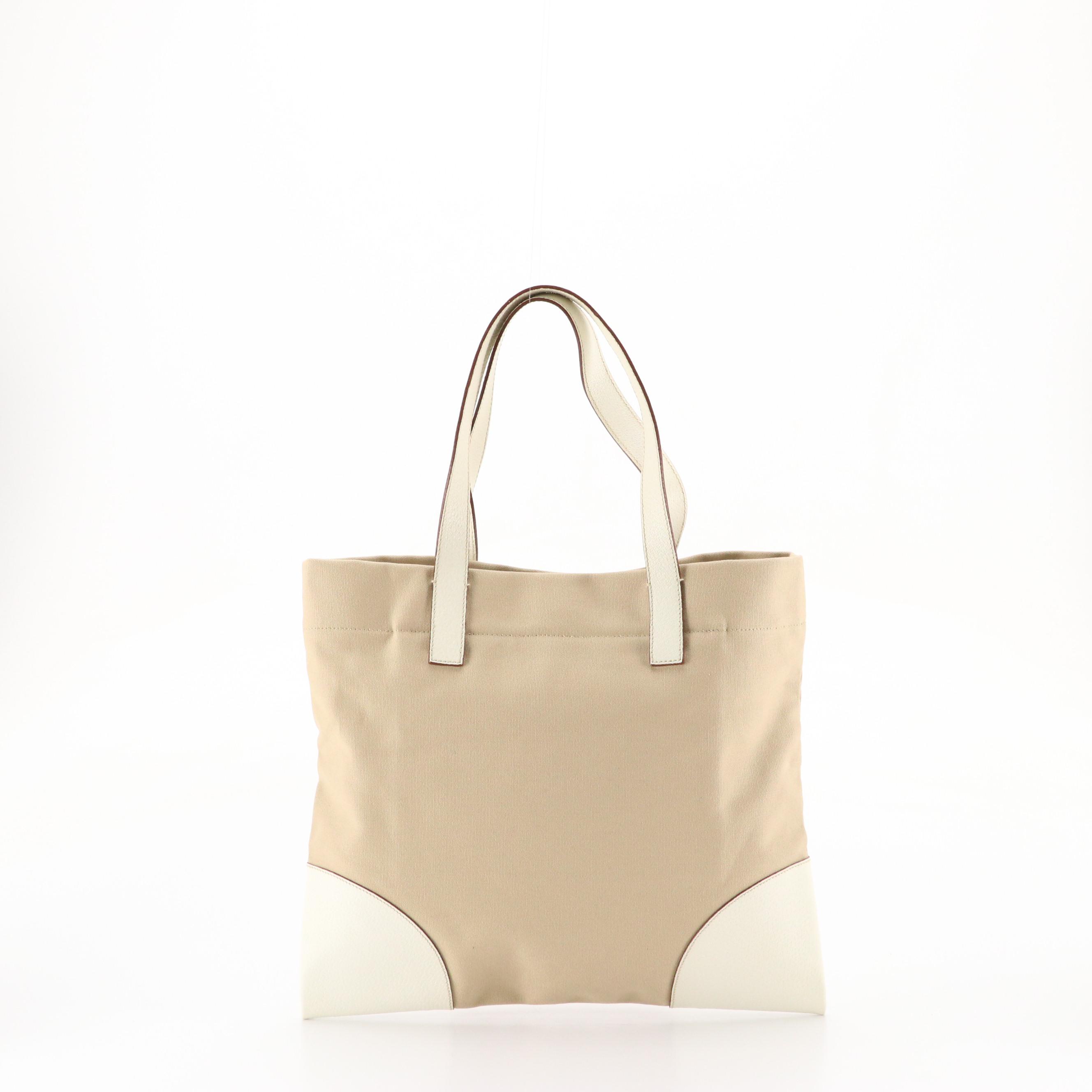 Prada Shopper Tote in Beige Canapa Canvas and White Cinghiale Leather