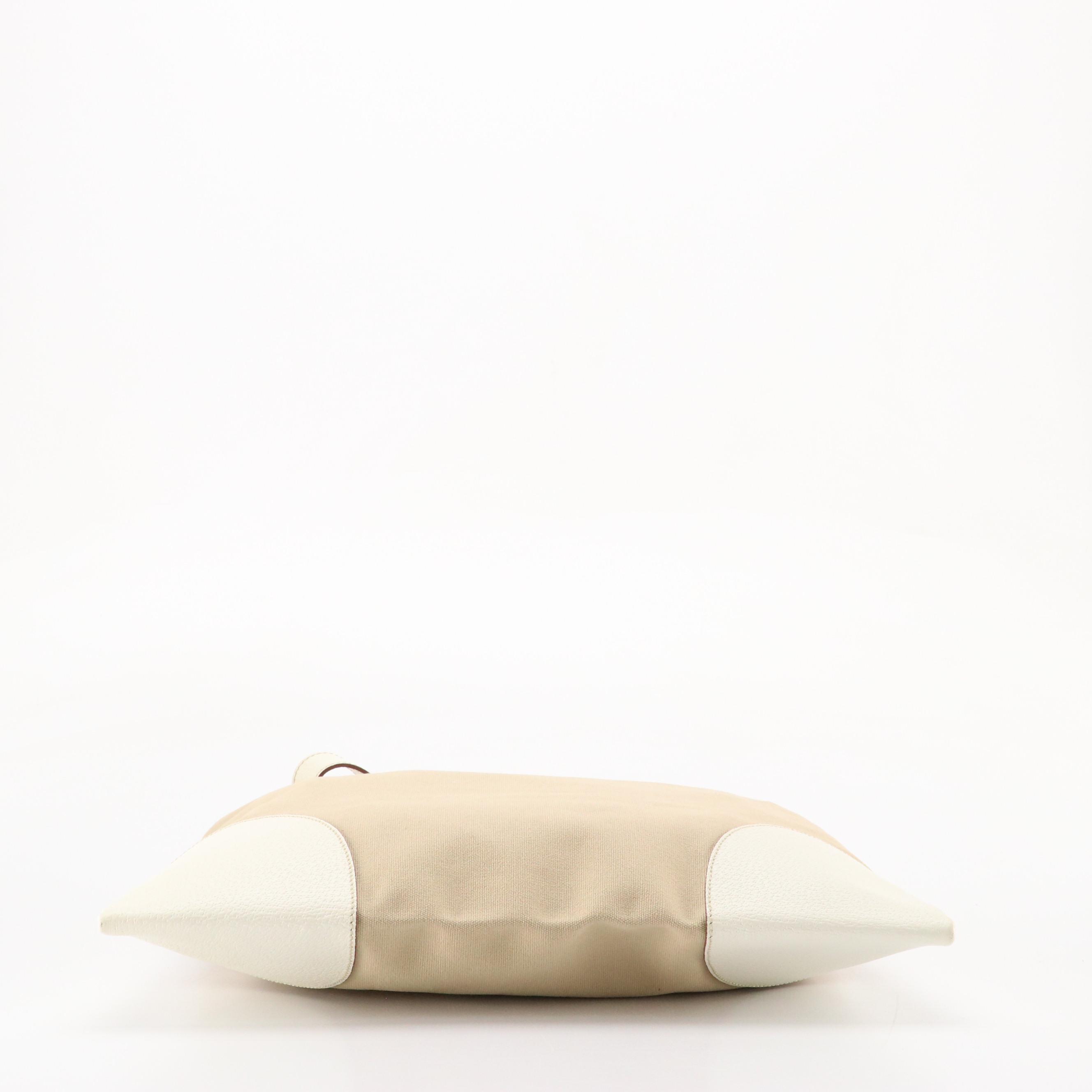 Prada Shopper Tote in Beige Canapa Canvas and White Cinghiale Leather