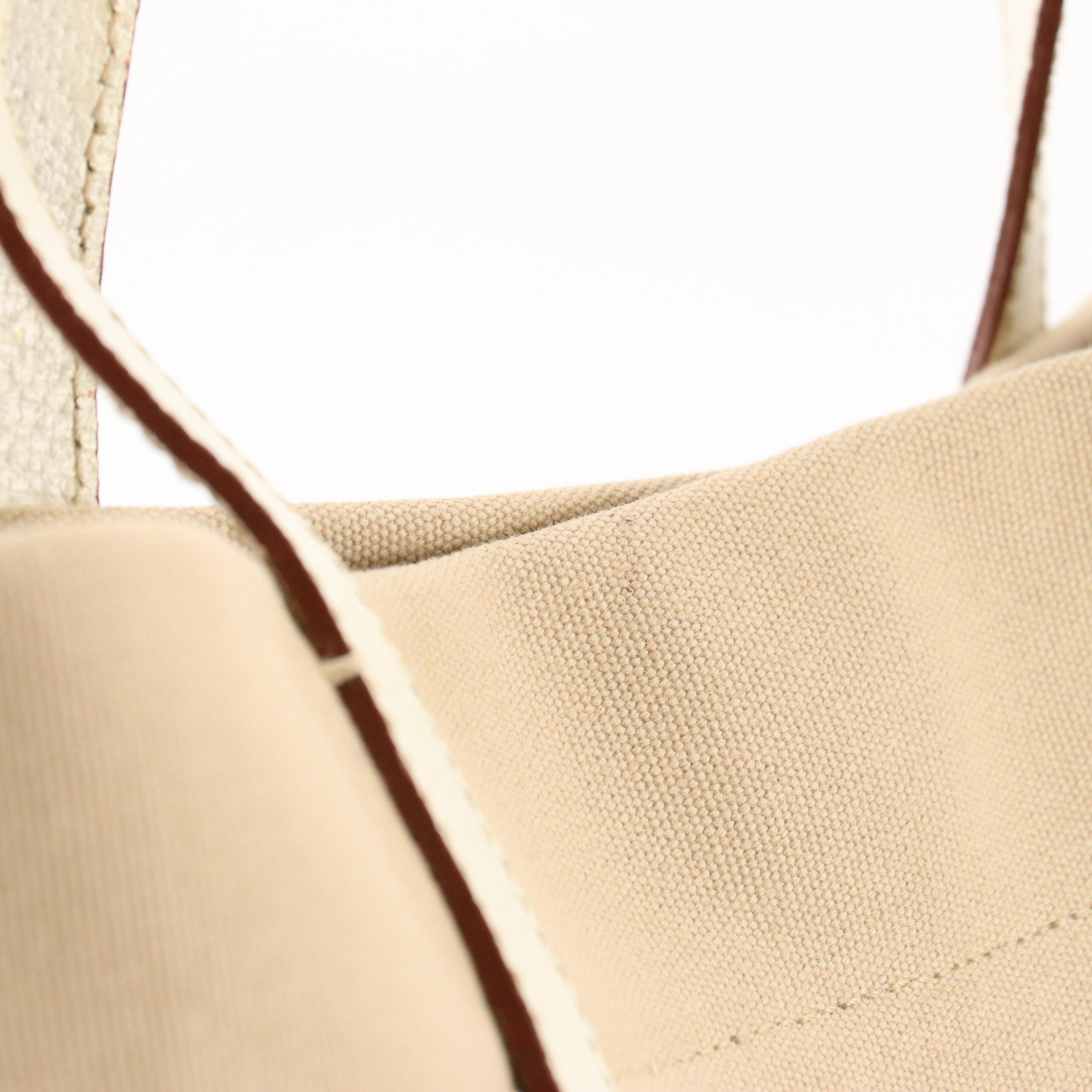 Prada Shopper Tote in Beige Canapa Canvas and White Cinghiale Leather