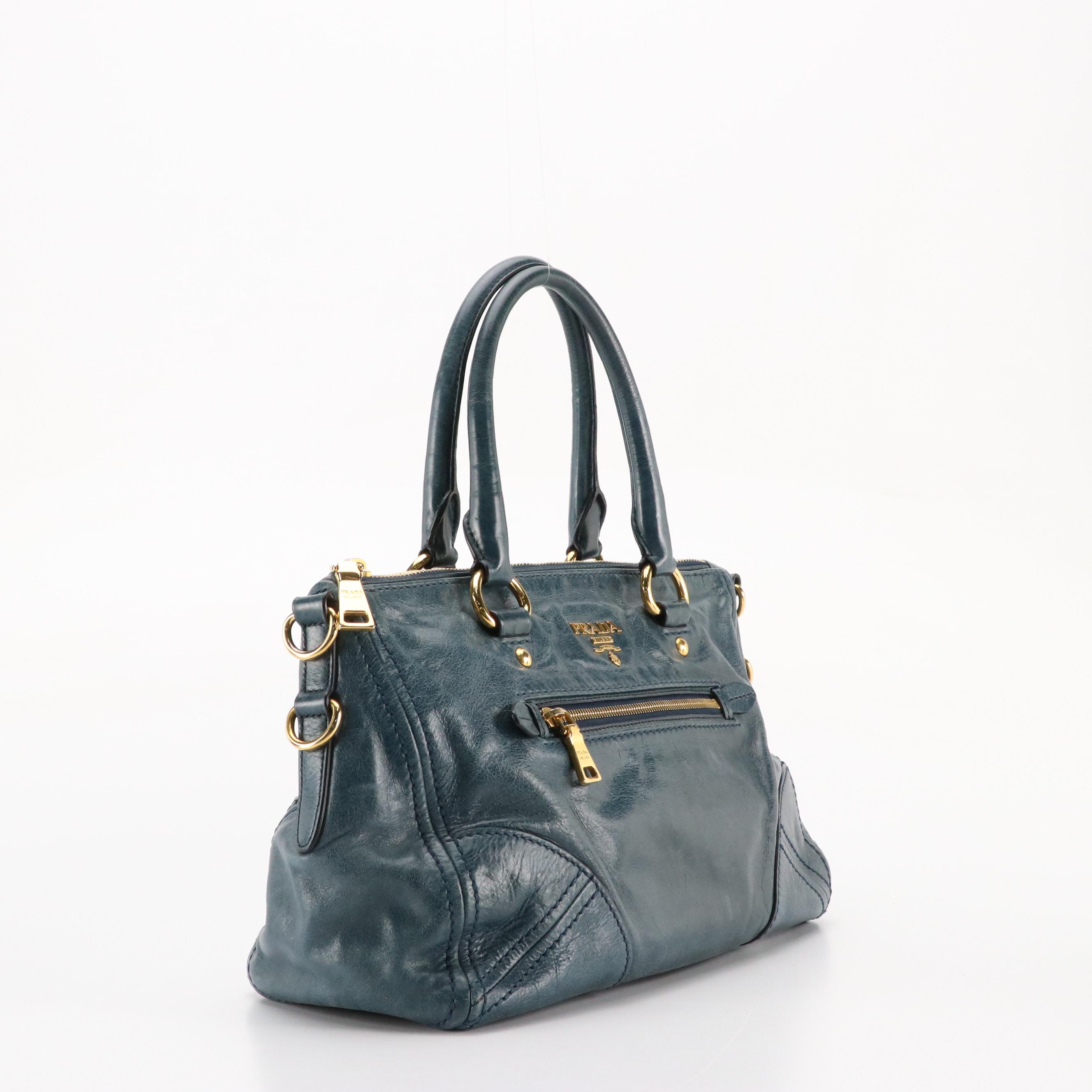 Prada East/West Bauletto Two-Way Bag in Blue Vitello Shine Leather