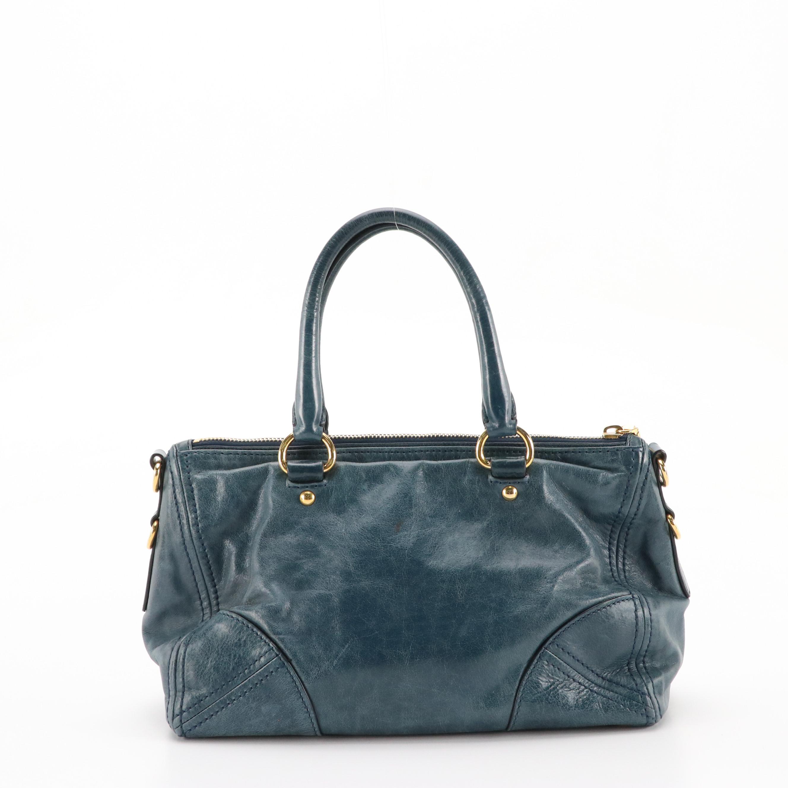 Prada East/West Bauletto Two-Way Bag in Blue Vitello Shine Leather