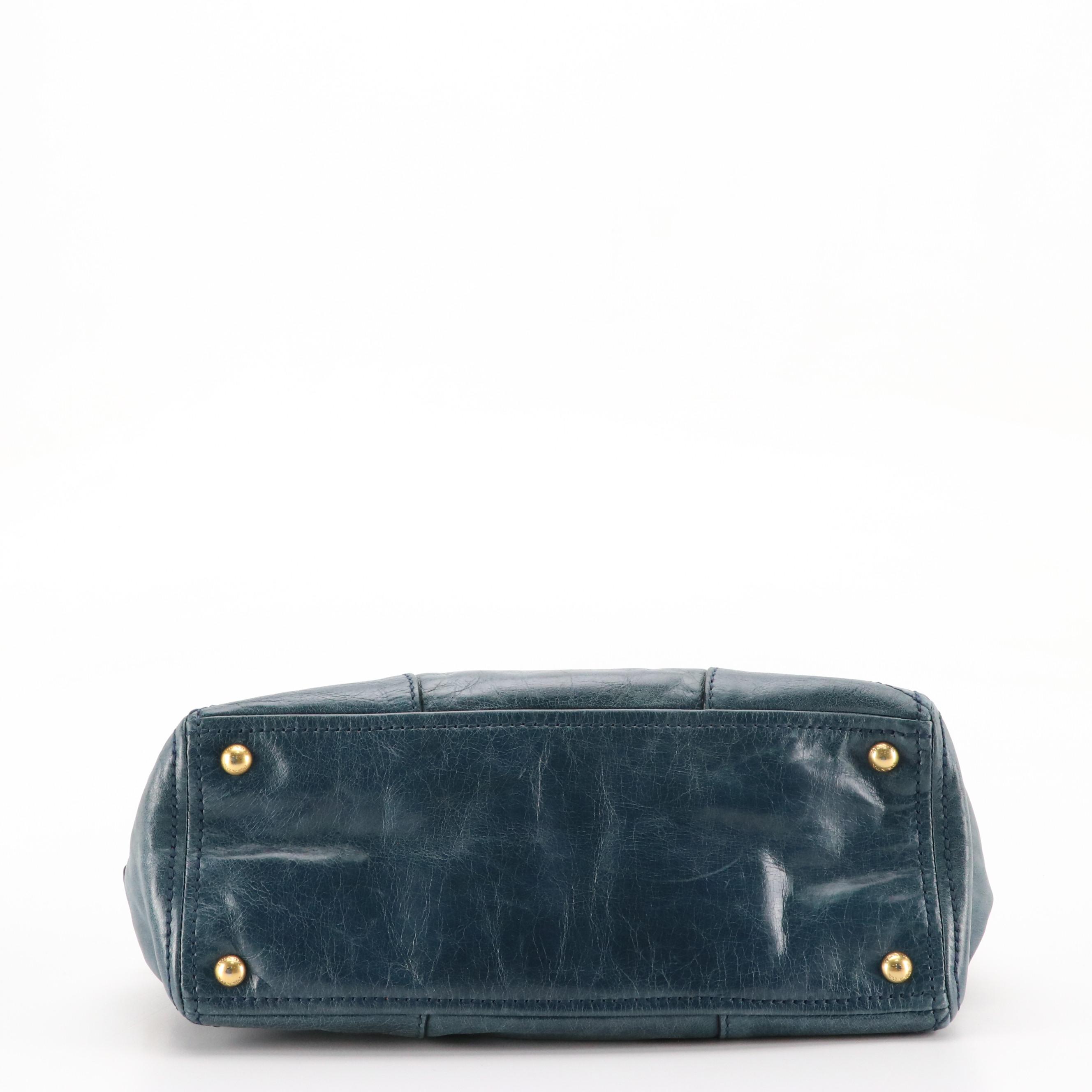 Prada East/West Bauletto Two-Way Bag in Blue Vitello Shine Leather