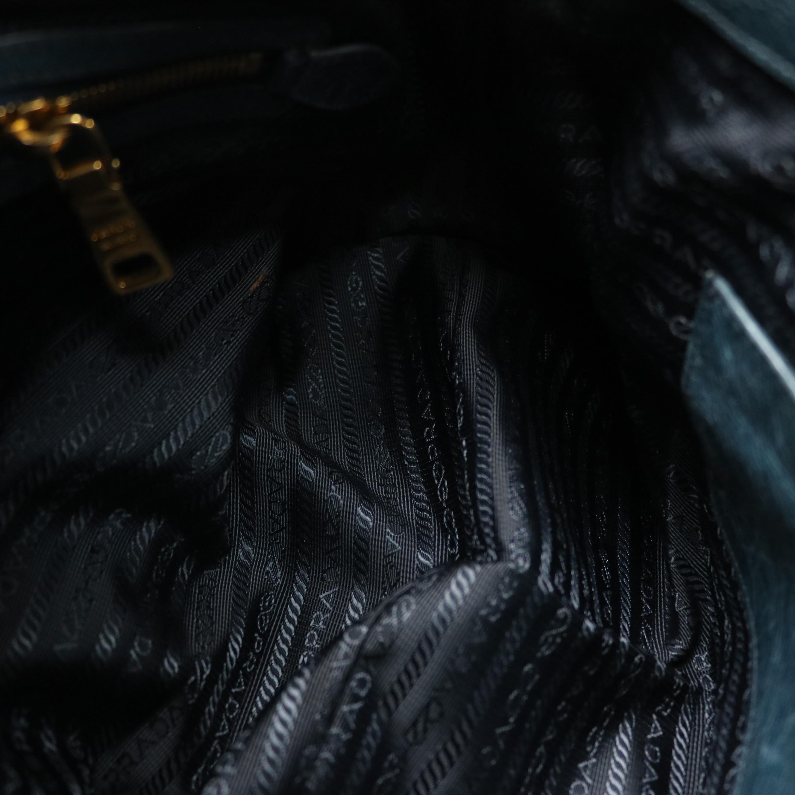 Prada East/West Bauletto Two-Way Bag in Blue Vitello Shine Leather