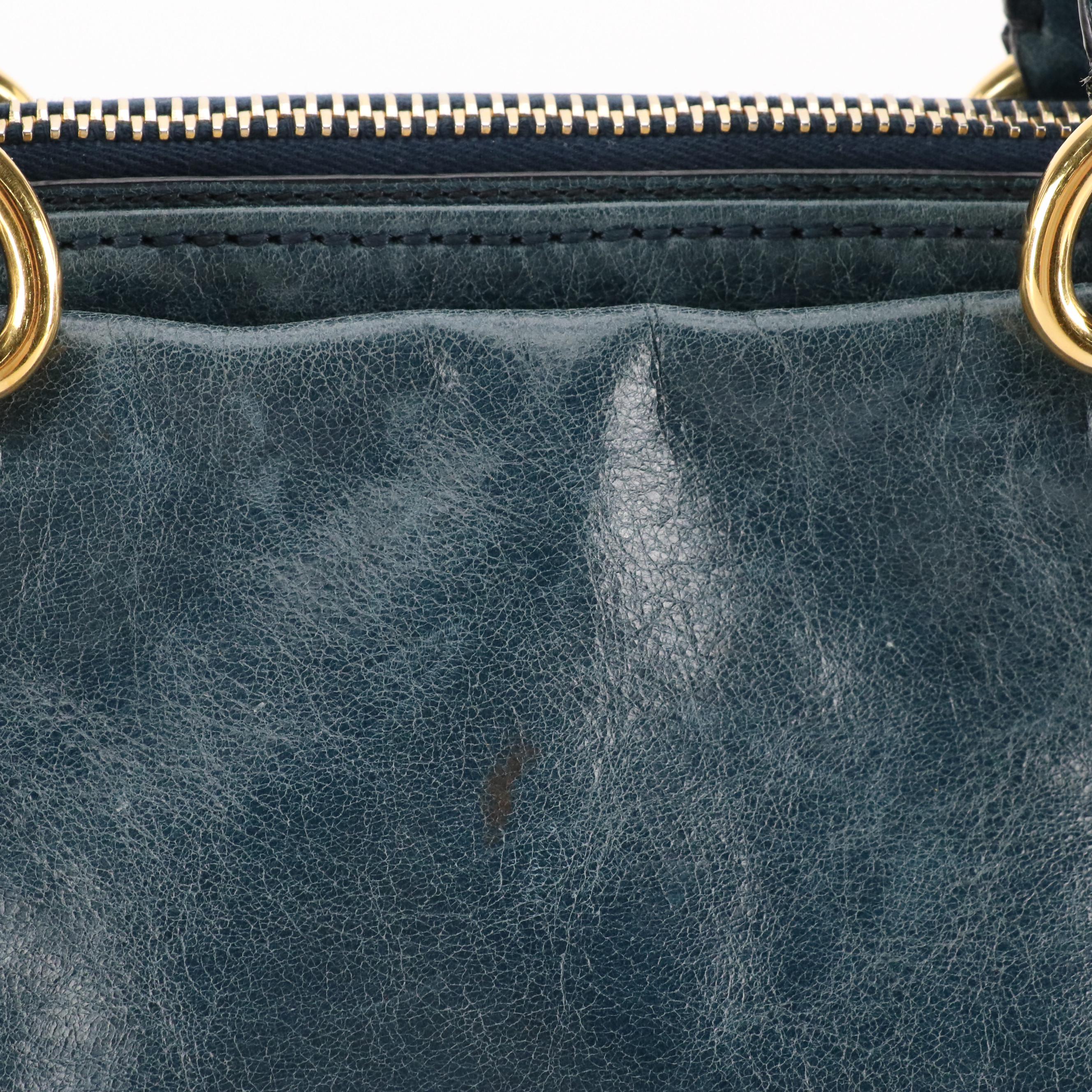 Prada East/West Bauletto Two-Way Bag in Blue Vitello Shine Leather