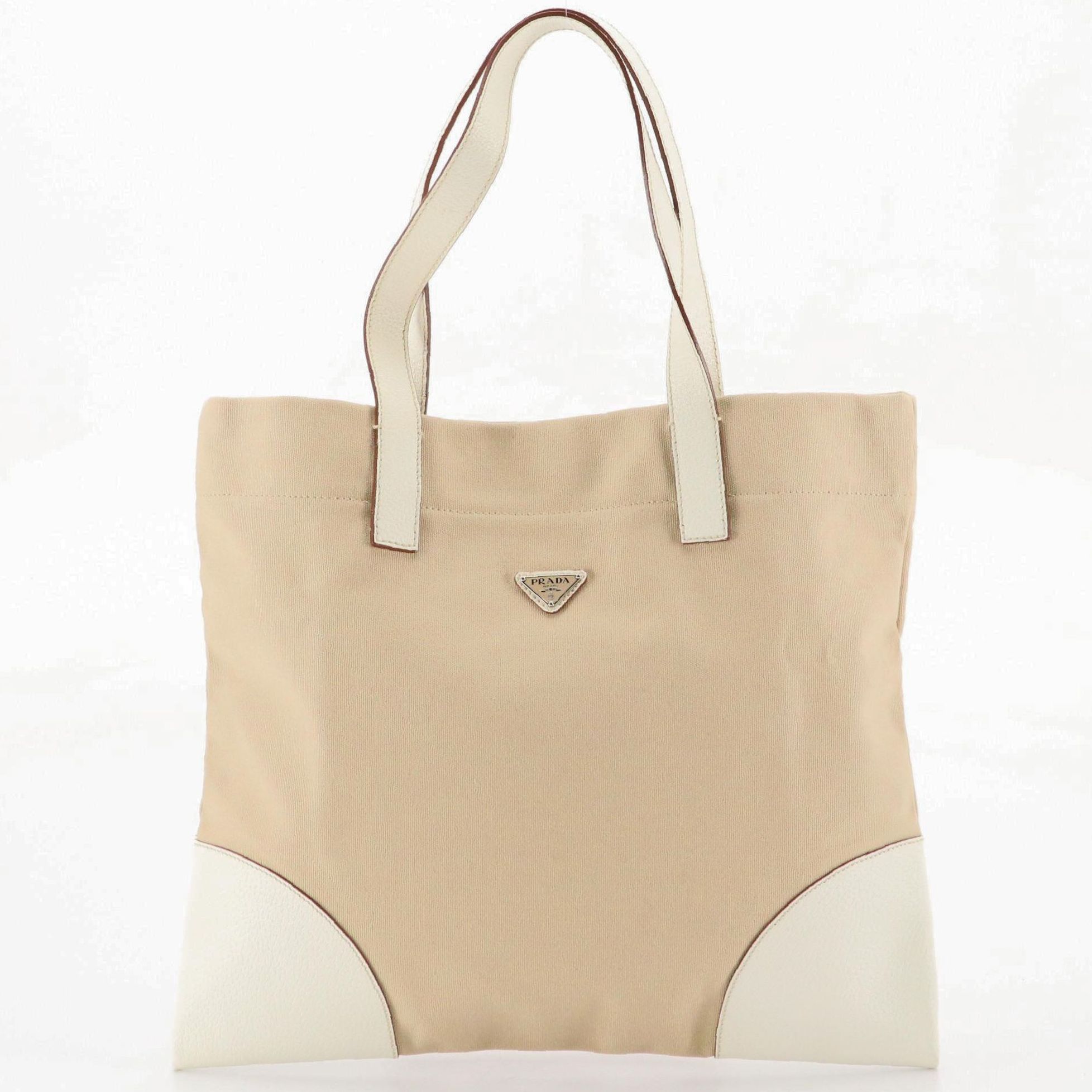 Prada Shopper Tote in Beige Canapa Canvas and White Cinghiale Leather
