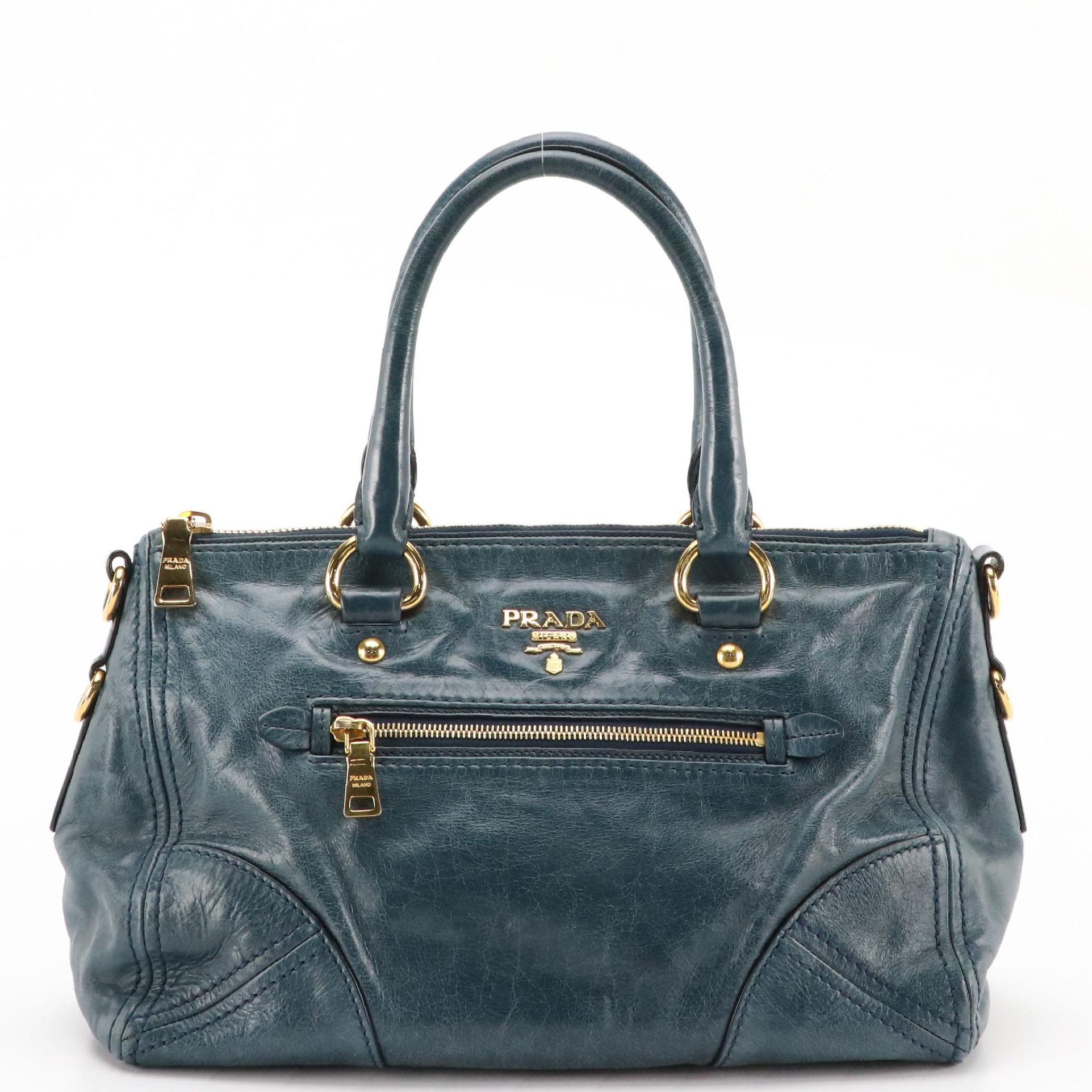 Prada East/West Bauletto Two-Way Bag in Blue Vitello Shine Leather