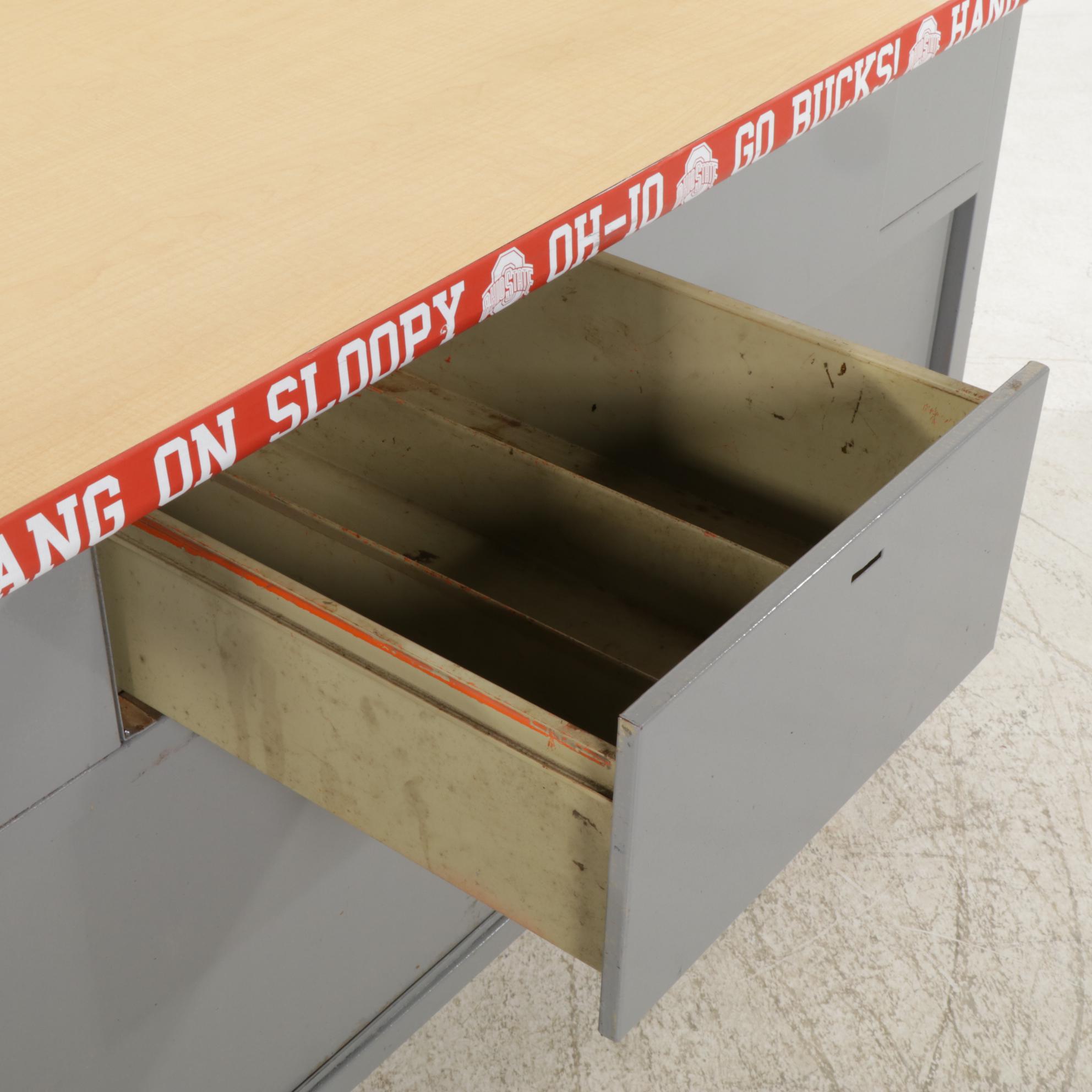 Painted Metal Workbench with Wood Top and Ohio State Trim