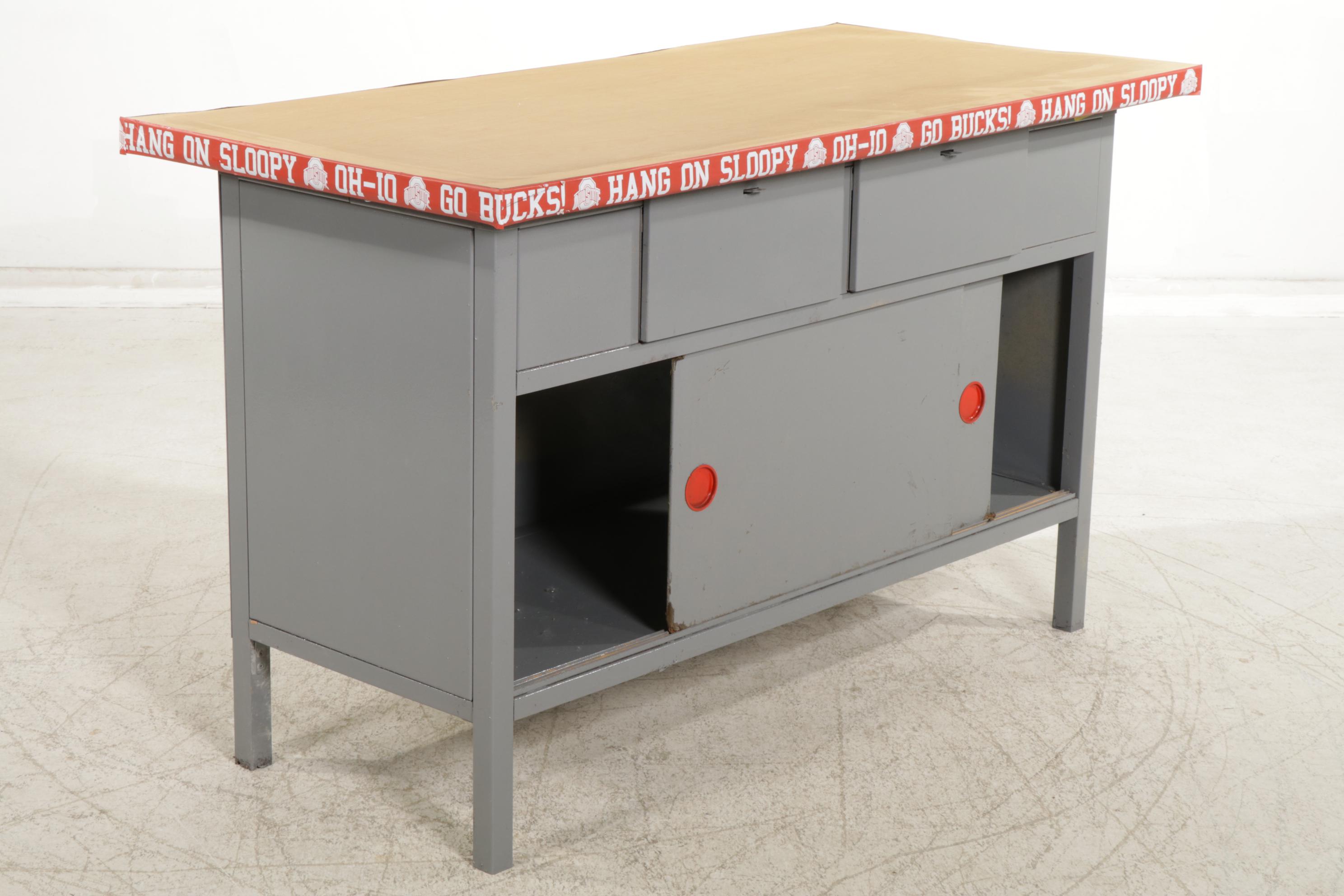 Painted Metal Workbench with Wood Top and Ohio State Trim
