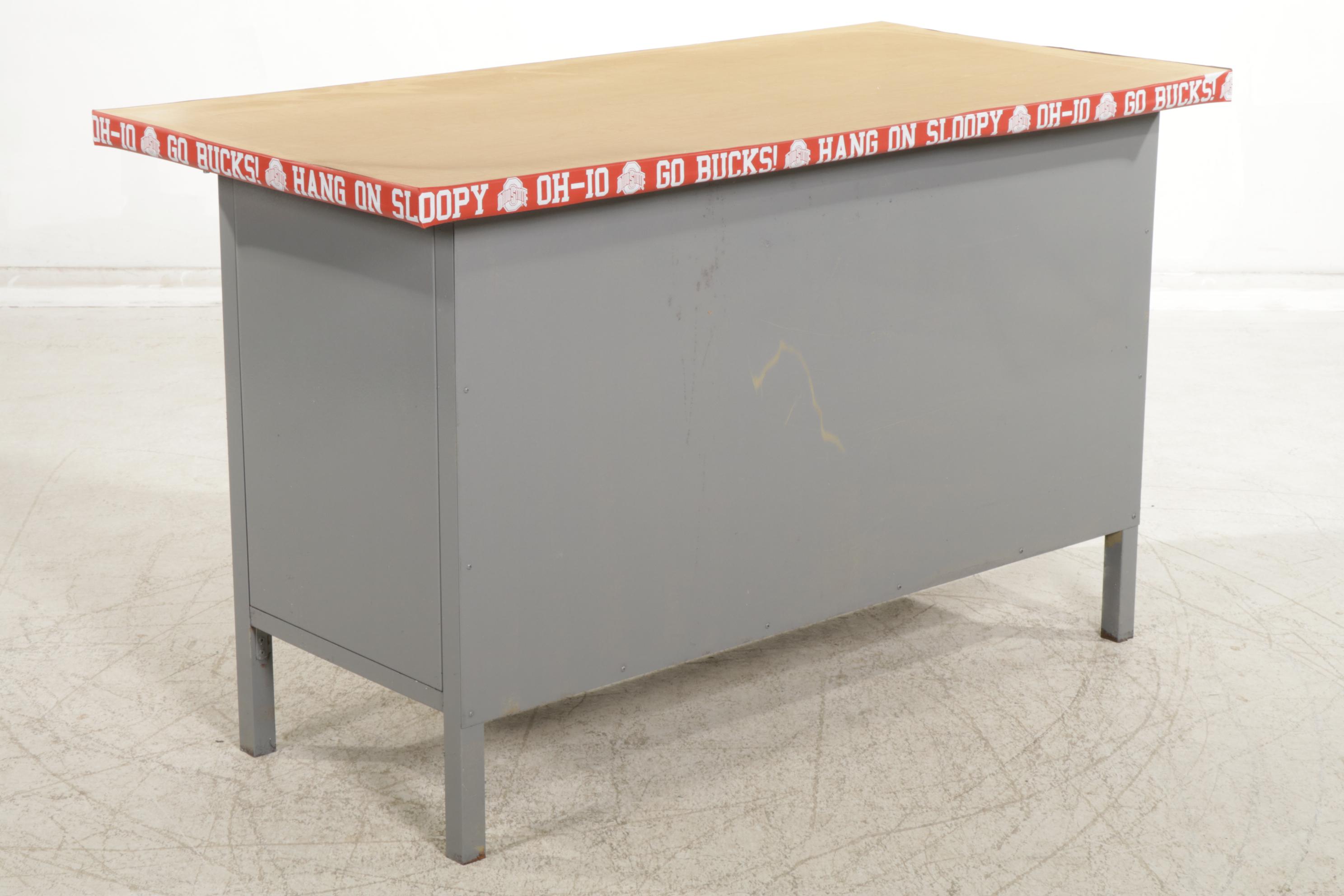 Painted Metal Workbench with Wood Top and Ohio State Trim