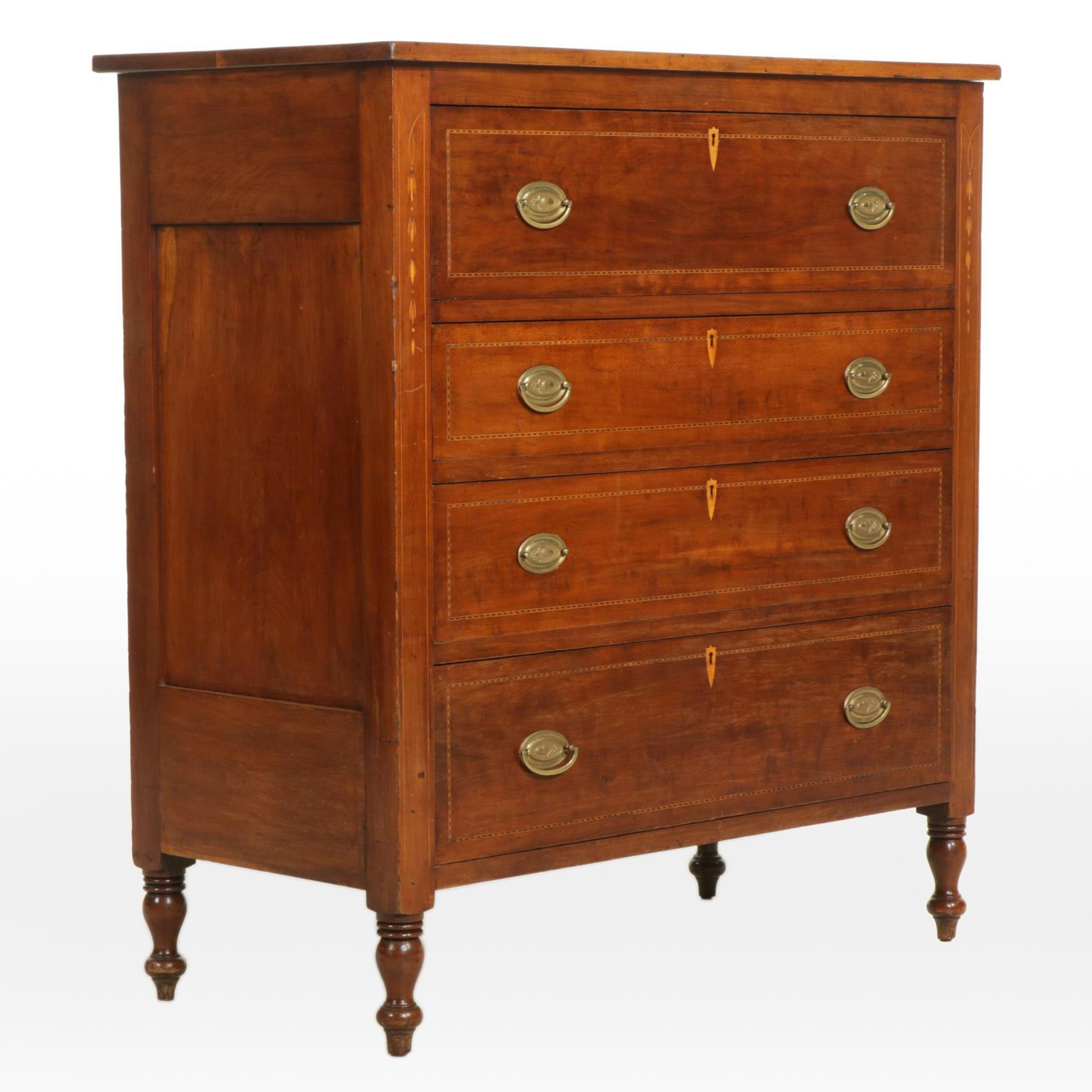 Sheraton Style Cherry Chest of Drawers with Inlay Mahogany, Early to Mid 19th C.