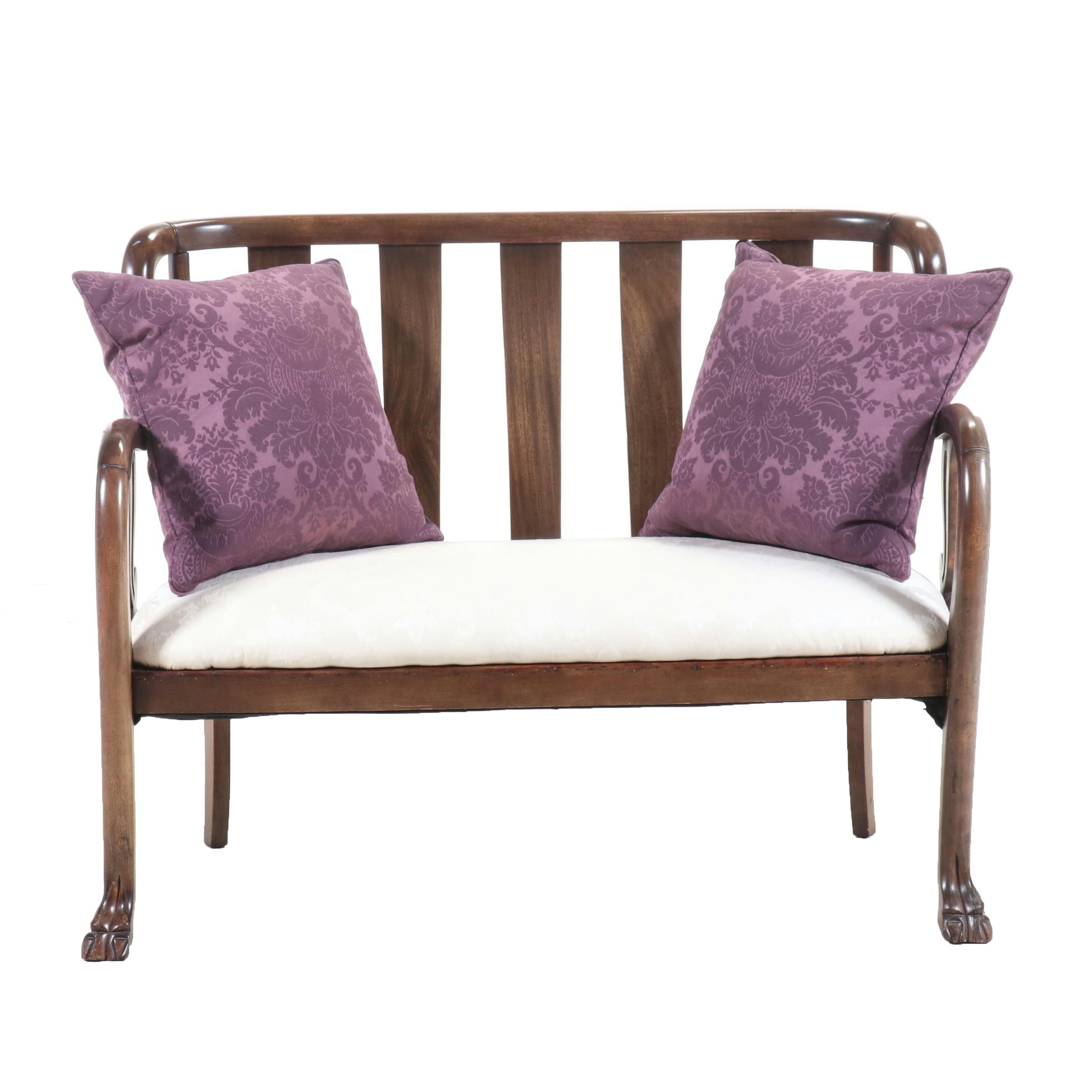 Edwardian Style Carved Walnut Bench with Accent Pillows, 20th Century