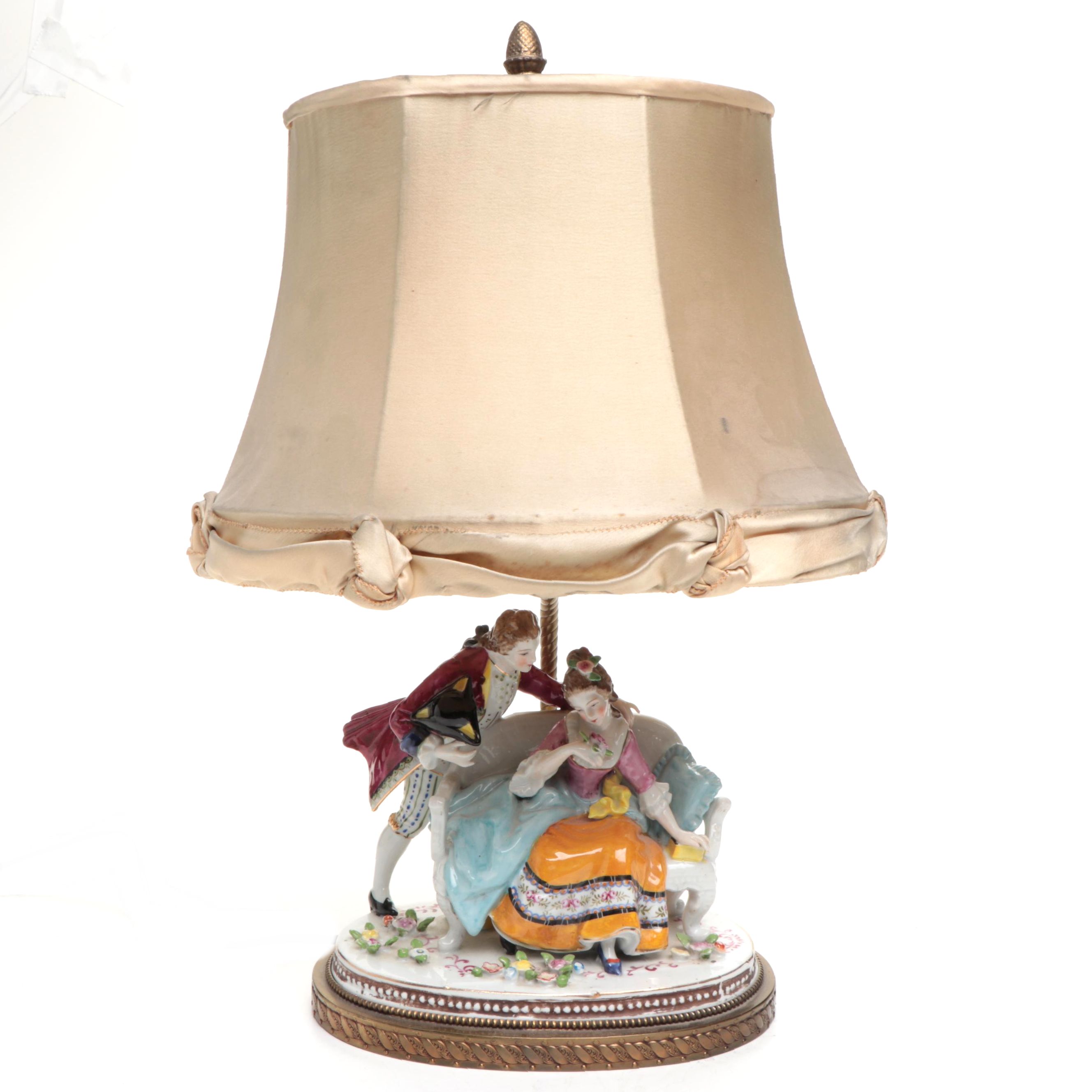 Porcelain Romantic Scene Dresden Style Table Lamp with Silk Shade