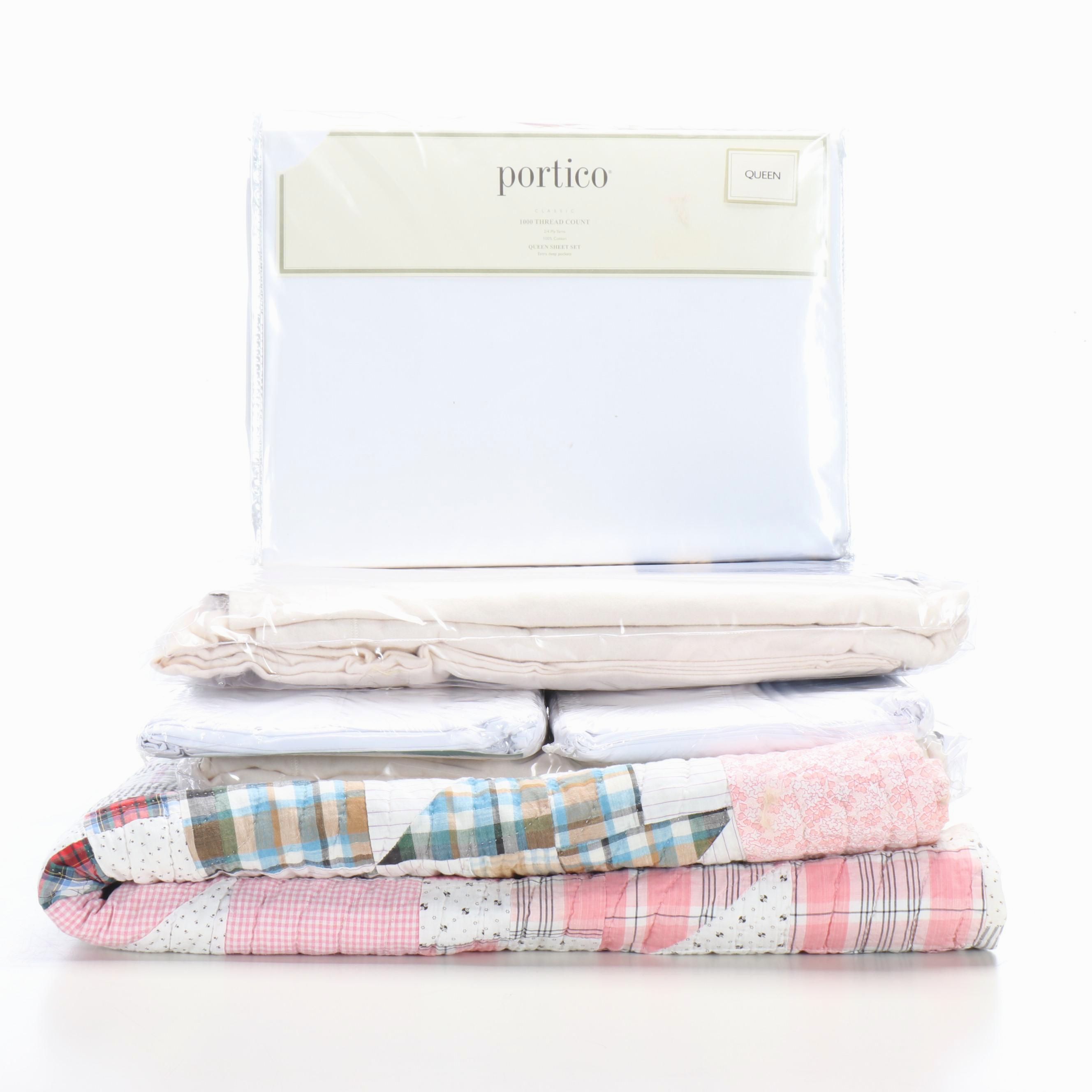 Portico 1000 TC Queen Sheet Set, Handmade Quilt & Four Twin Sheet Sets
