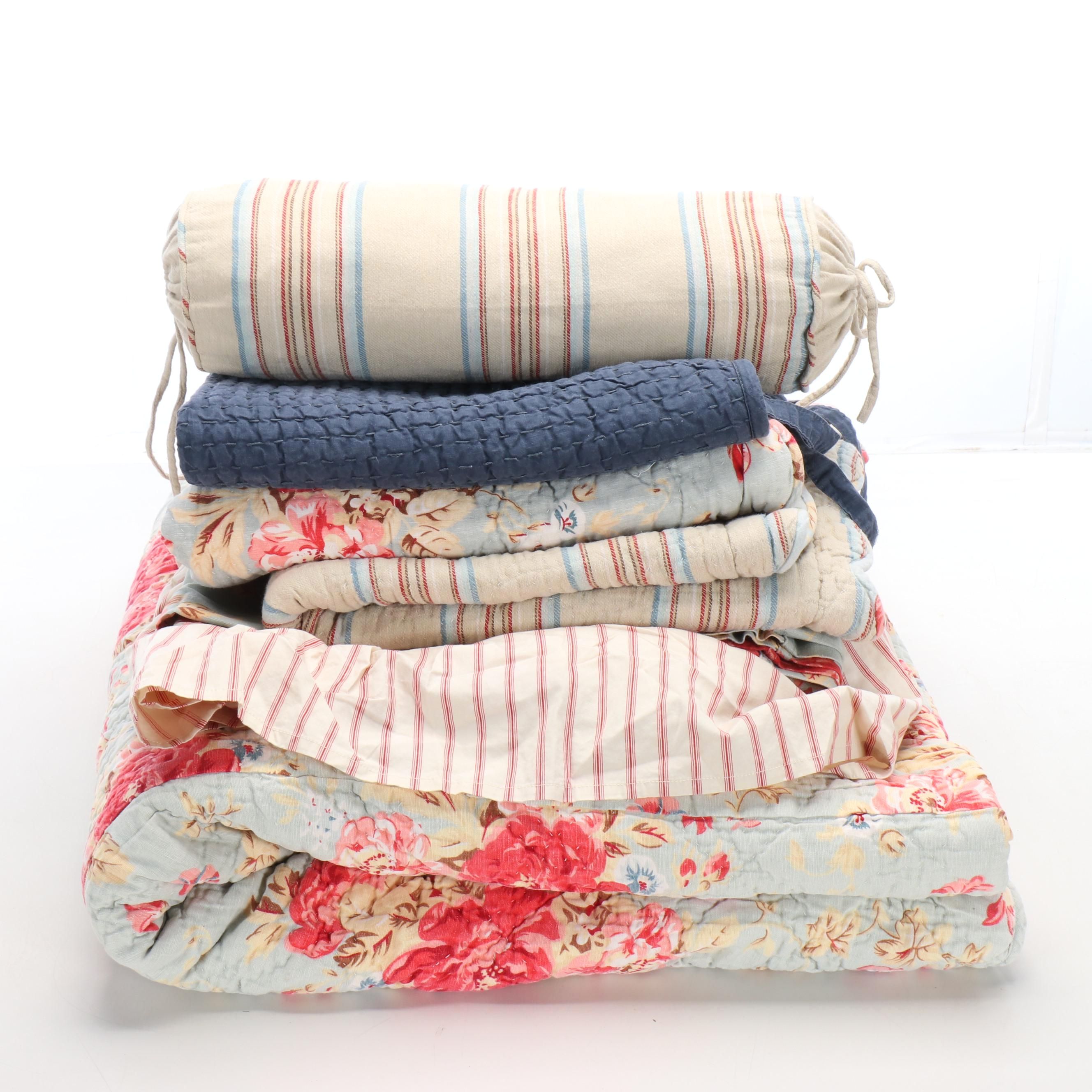 Pottery Barn Cotton Quilt and Shams, Bolster Cover with King Size Bed Skirt