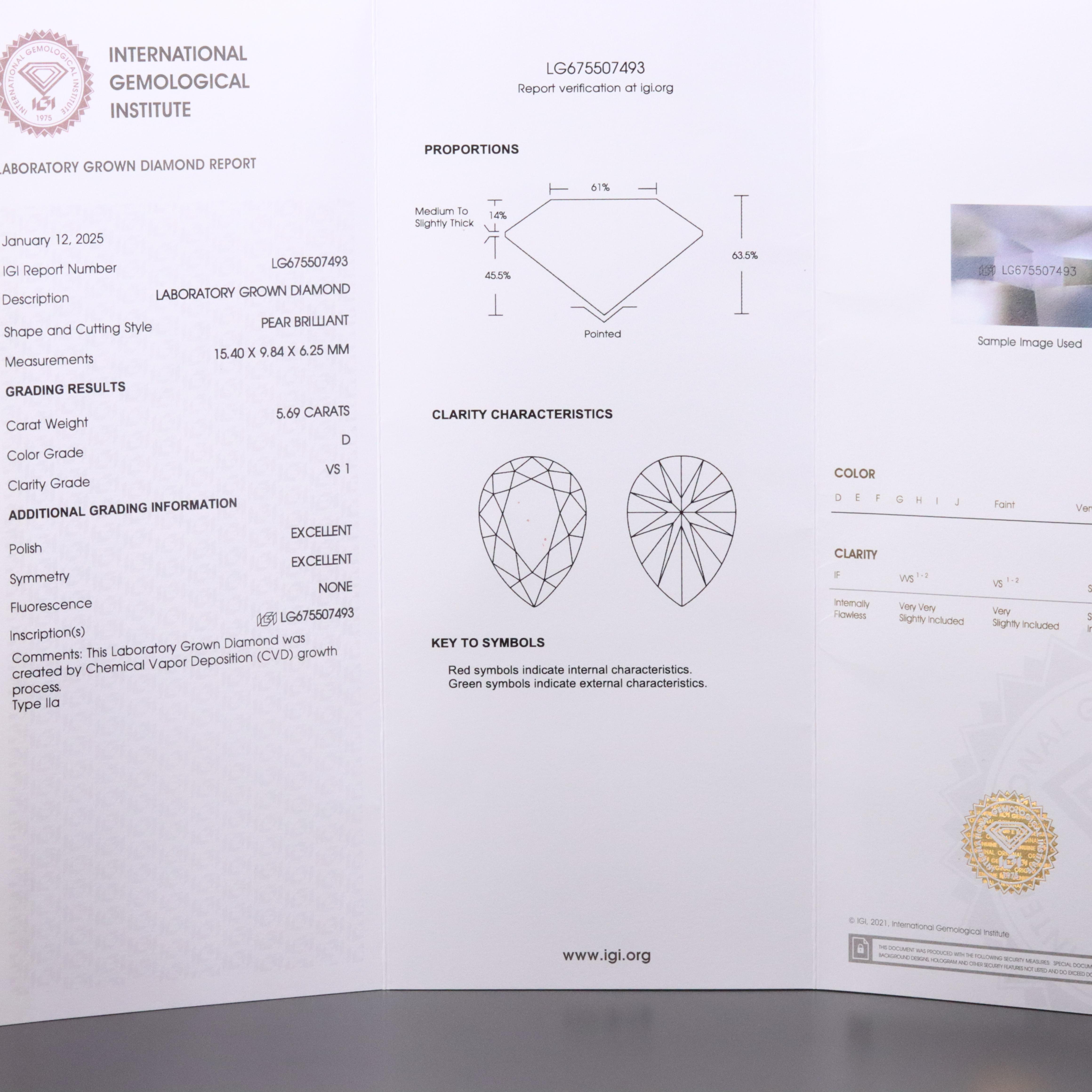 18K 5.69 CT Lab Grown Diamond Solitaire Necklace with IGI Report