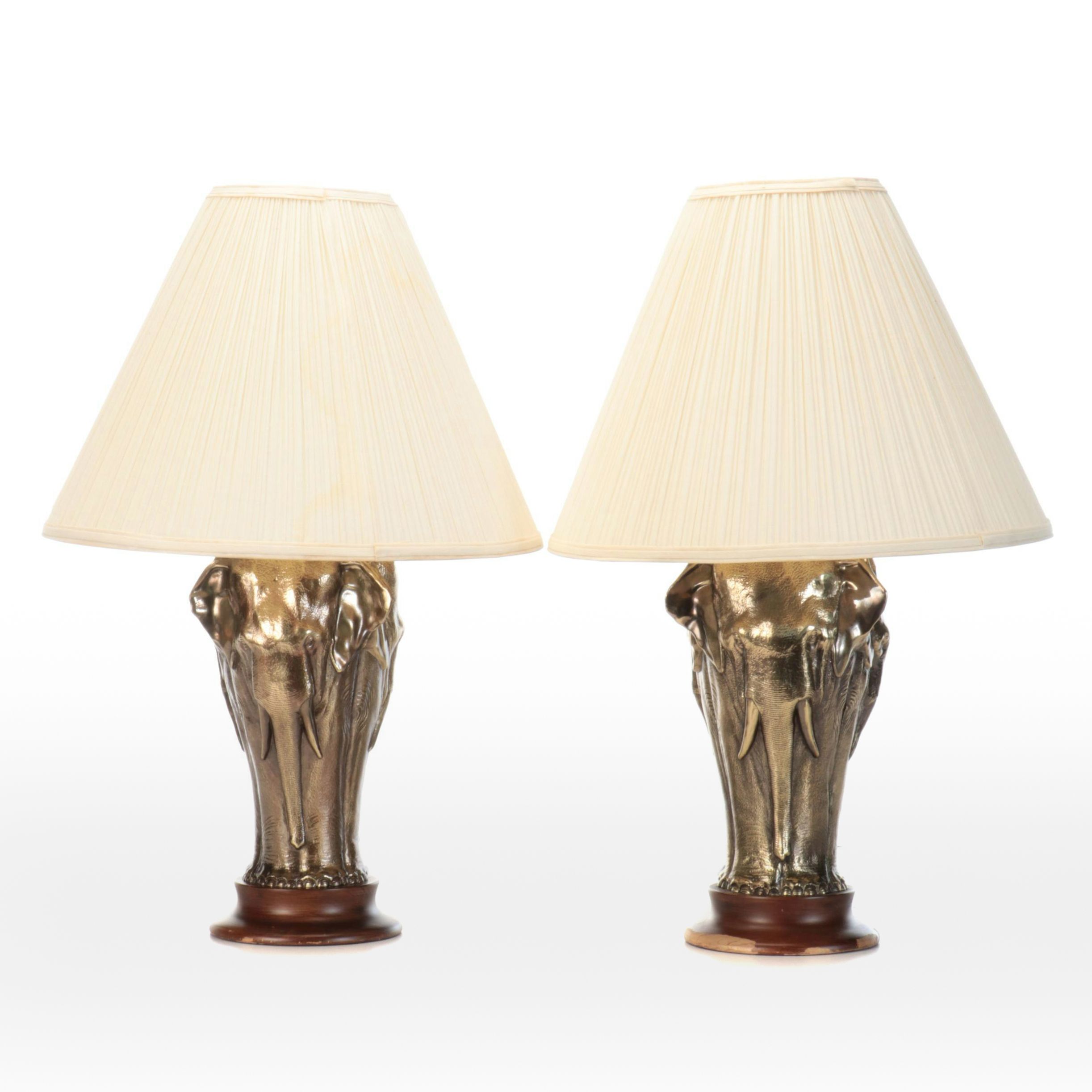 Pair of Cast Brass Elephant Table Lamps and Shirred Silk Shades