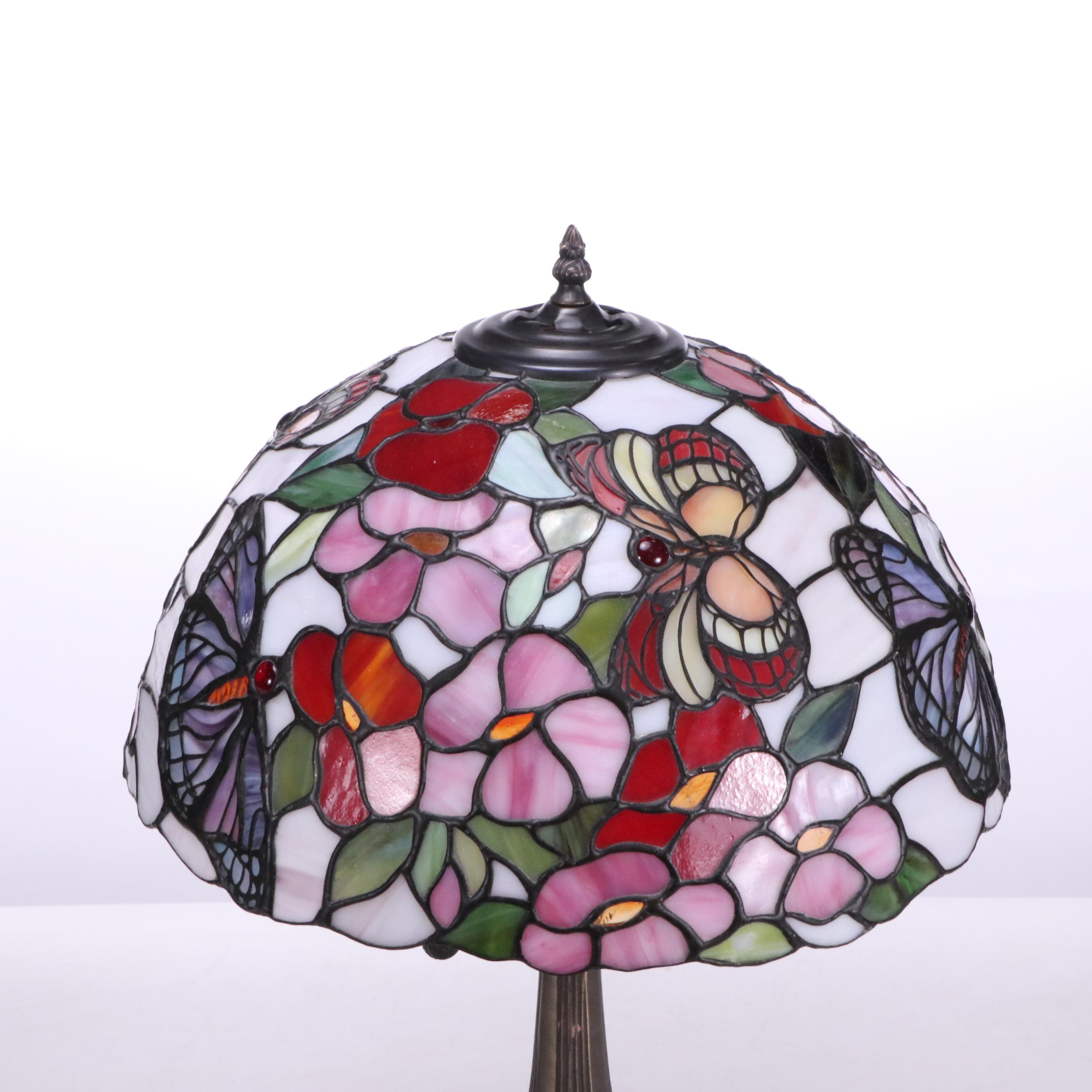 Pressed Metal Table Lamp with Slag Glass Flowers and Butterfly Shade