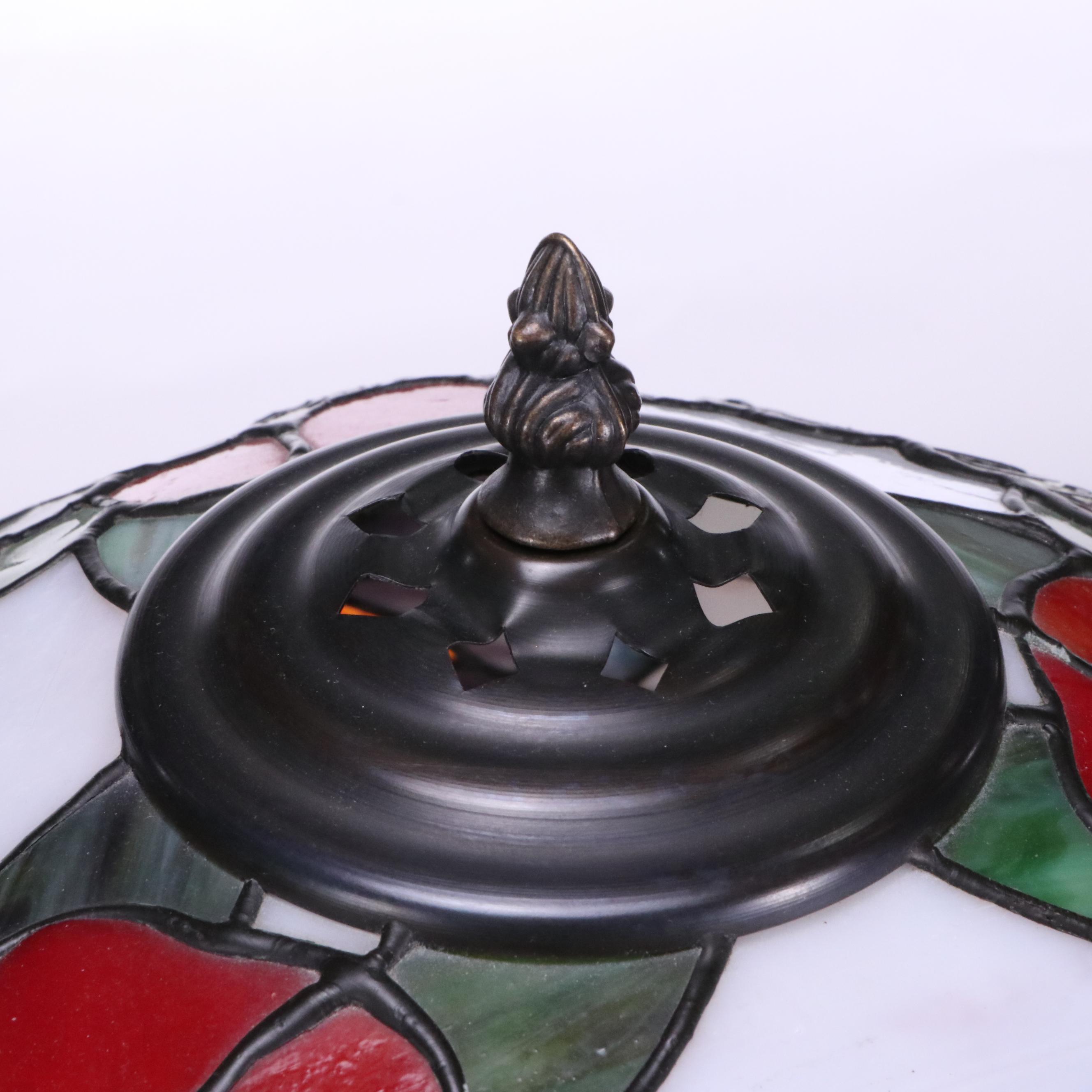 Pressed Metal Table Lamp with Slag Glass Flowers and Butterfly Shade