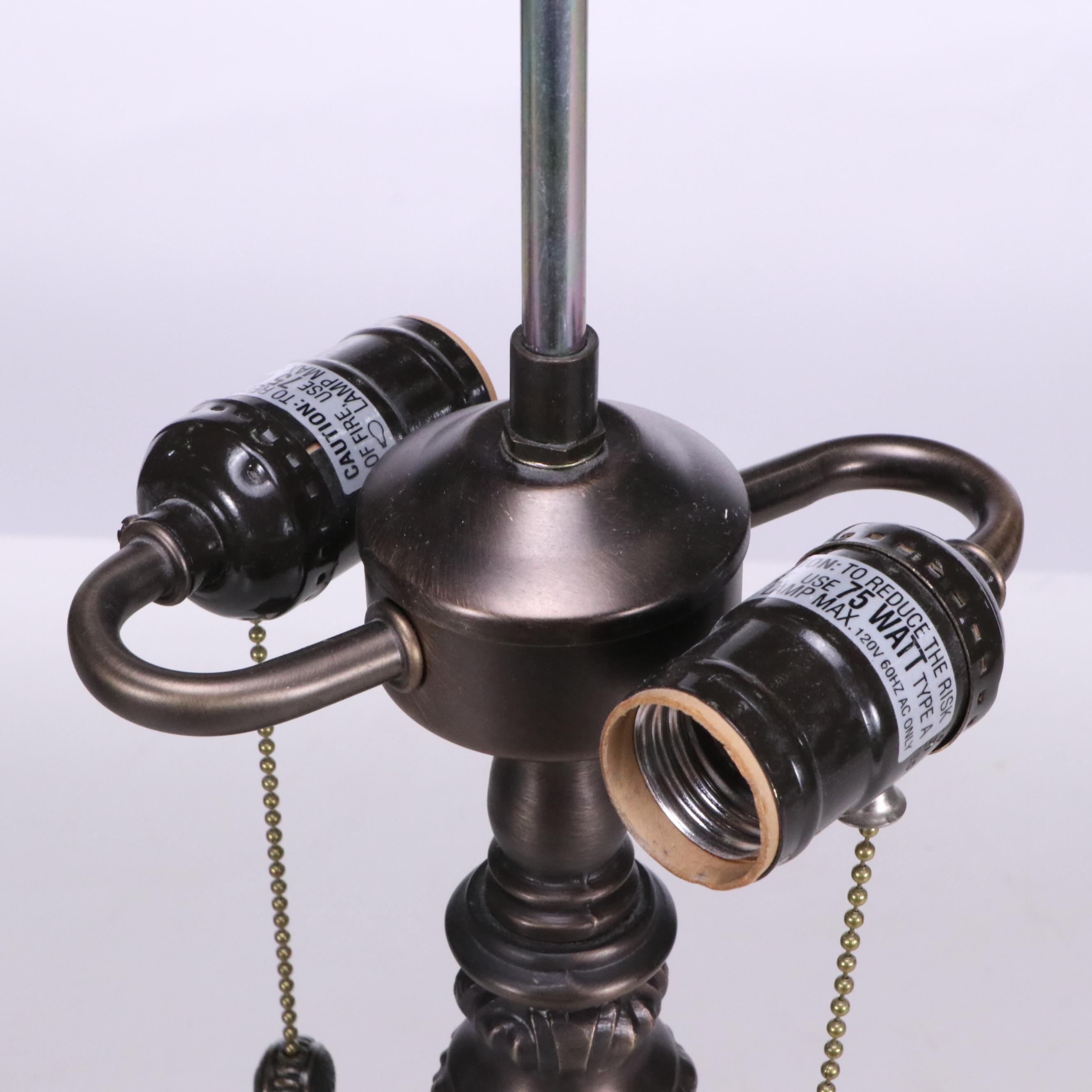 Pressed Metal Table Lamp with Slag Glass Flowers and Butterfly Shade