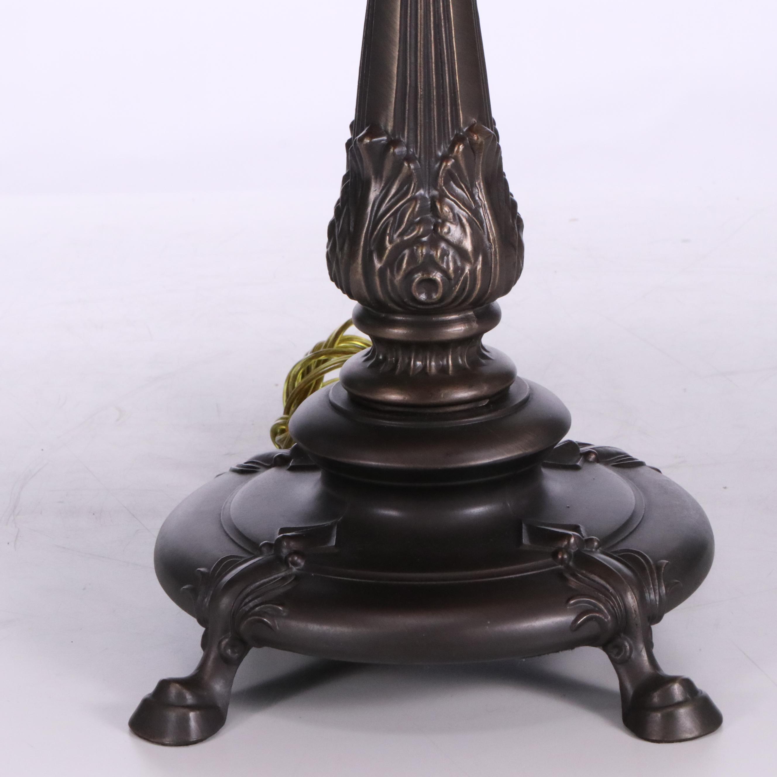 Pressed Metal Table Lamp with Slag Glass Flowers and Butterfly Shade