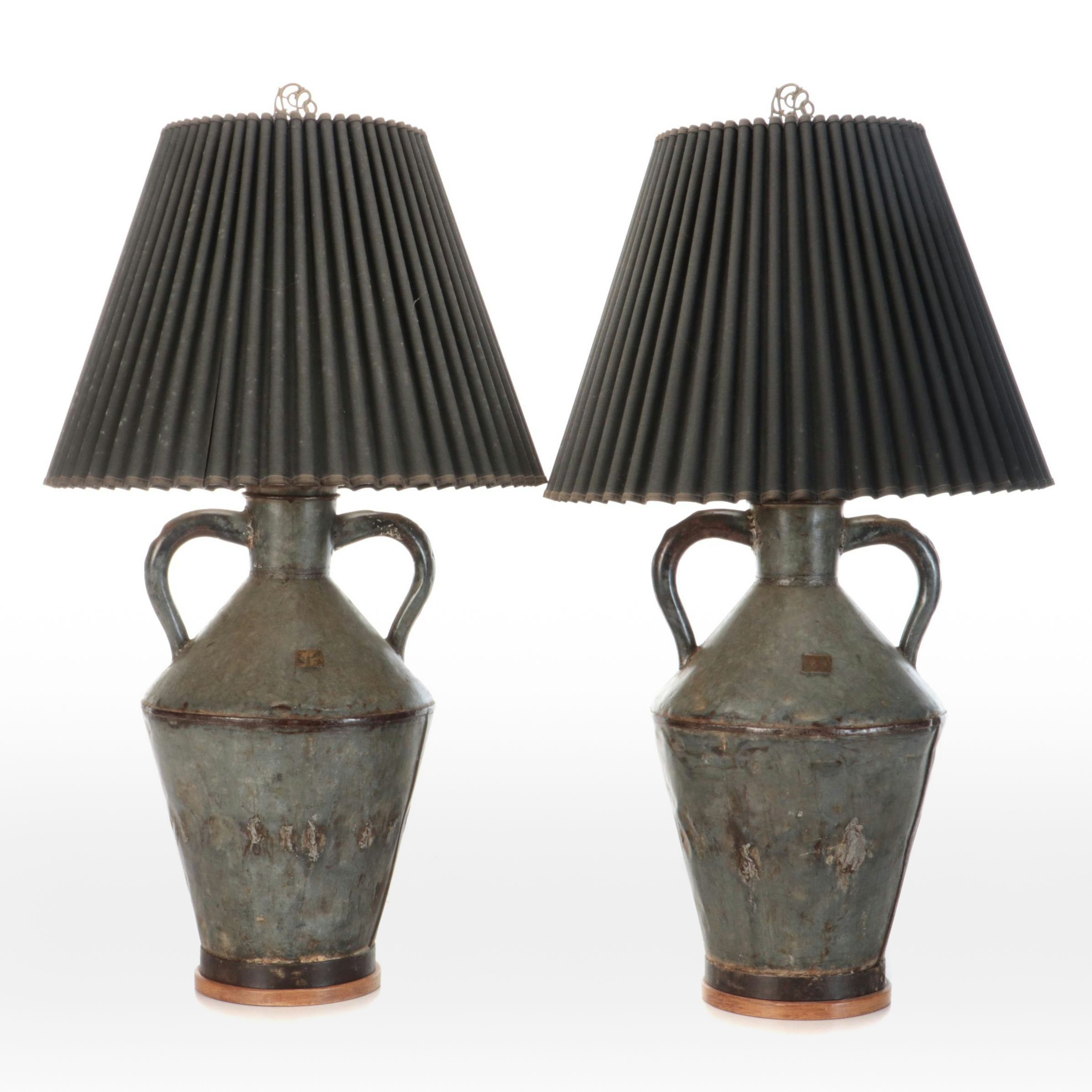 Converted Galvanized Double-Handle Olive Jar Table Lamps with Fluted Shades